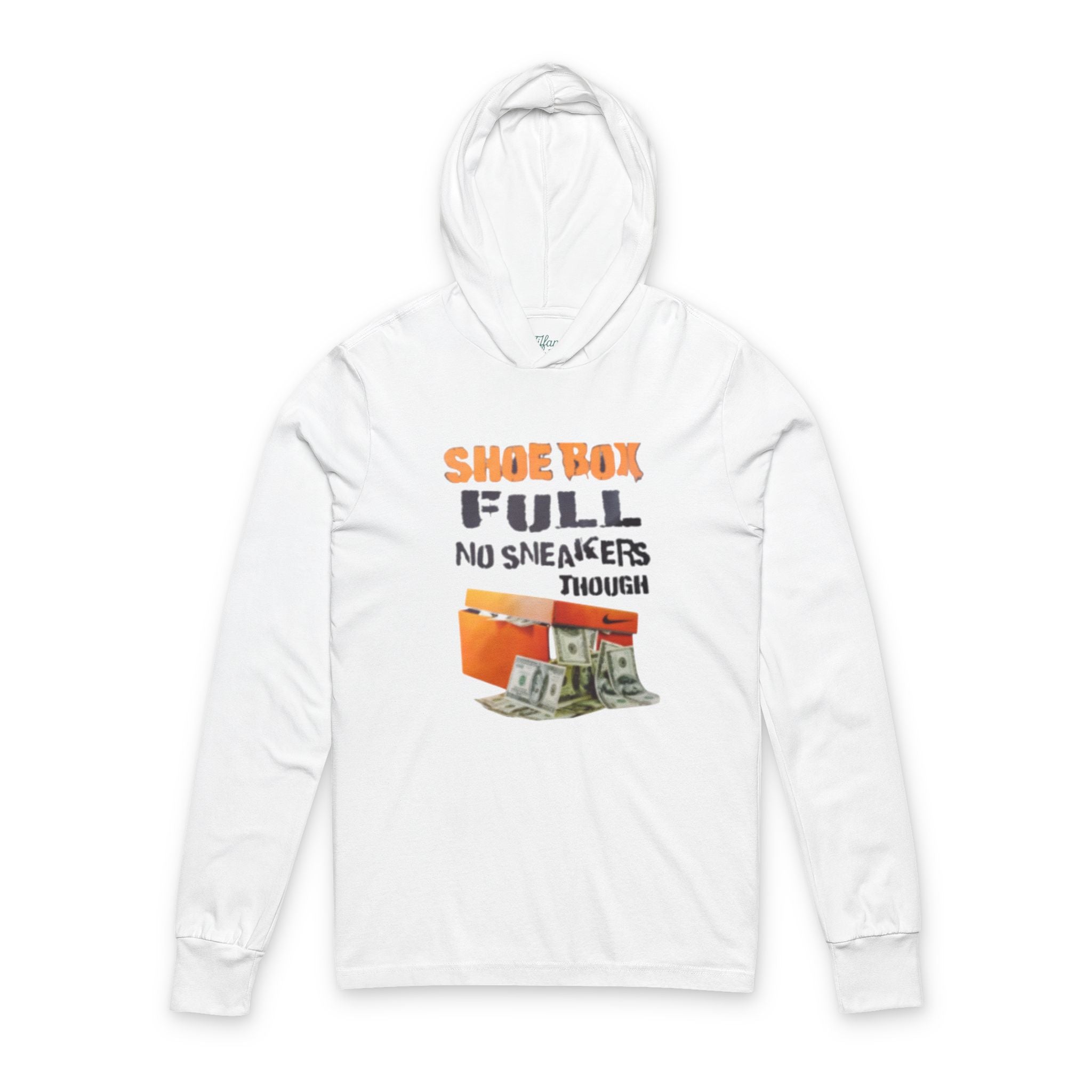 Shoe Box Full-MoneyBaggs Collection Unisex Hooded Long Sleeve Tee, Casual Wear, Gift for Sneakerheads, Streetwear Style, Outdoor Adventure Apparel