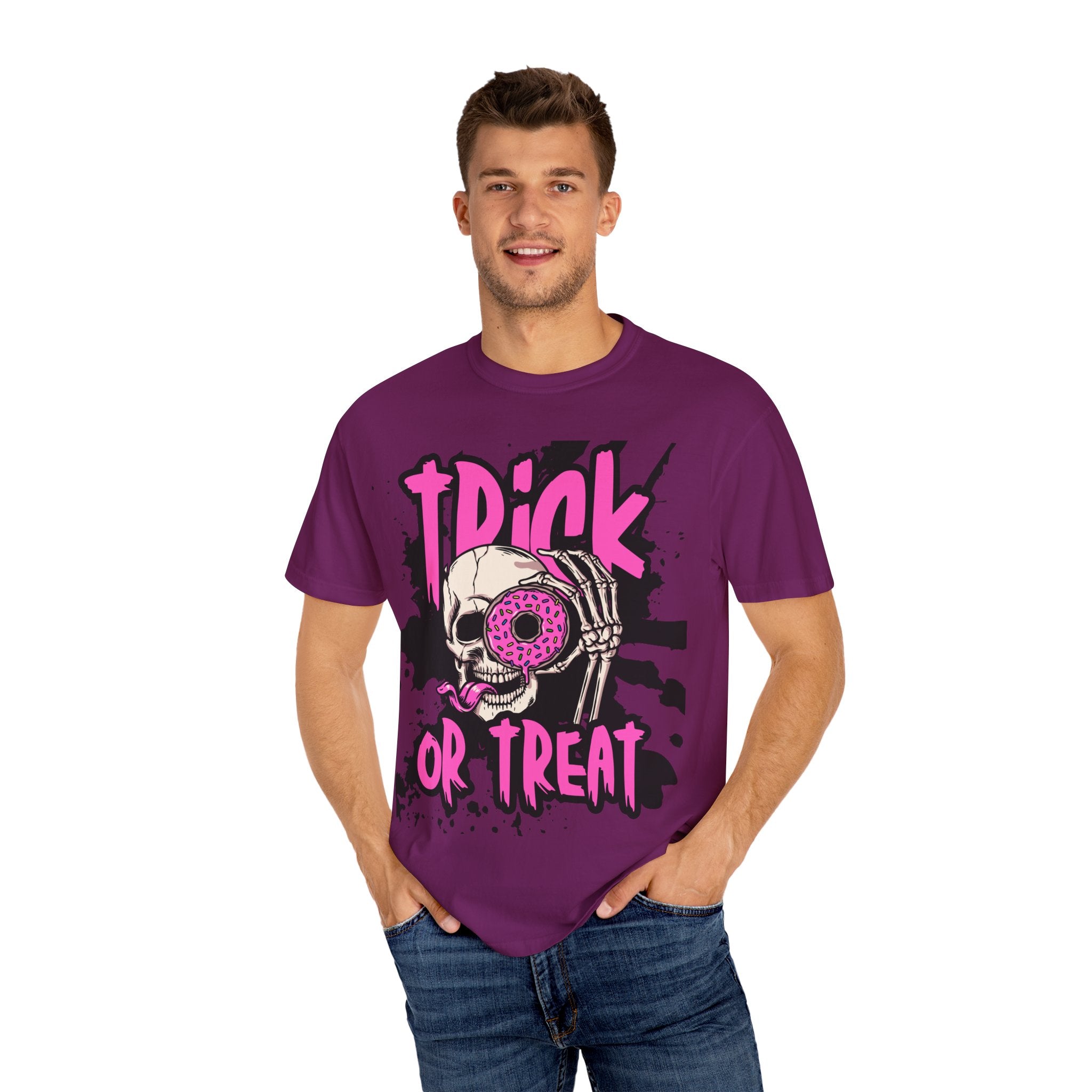 Trick or Treat Unisex Garment-Dyed T-Shirt, Halloween Shirt, Spooky Tee, Graphic T-Shirt, Casual Wear, Festival Clothing