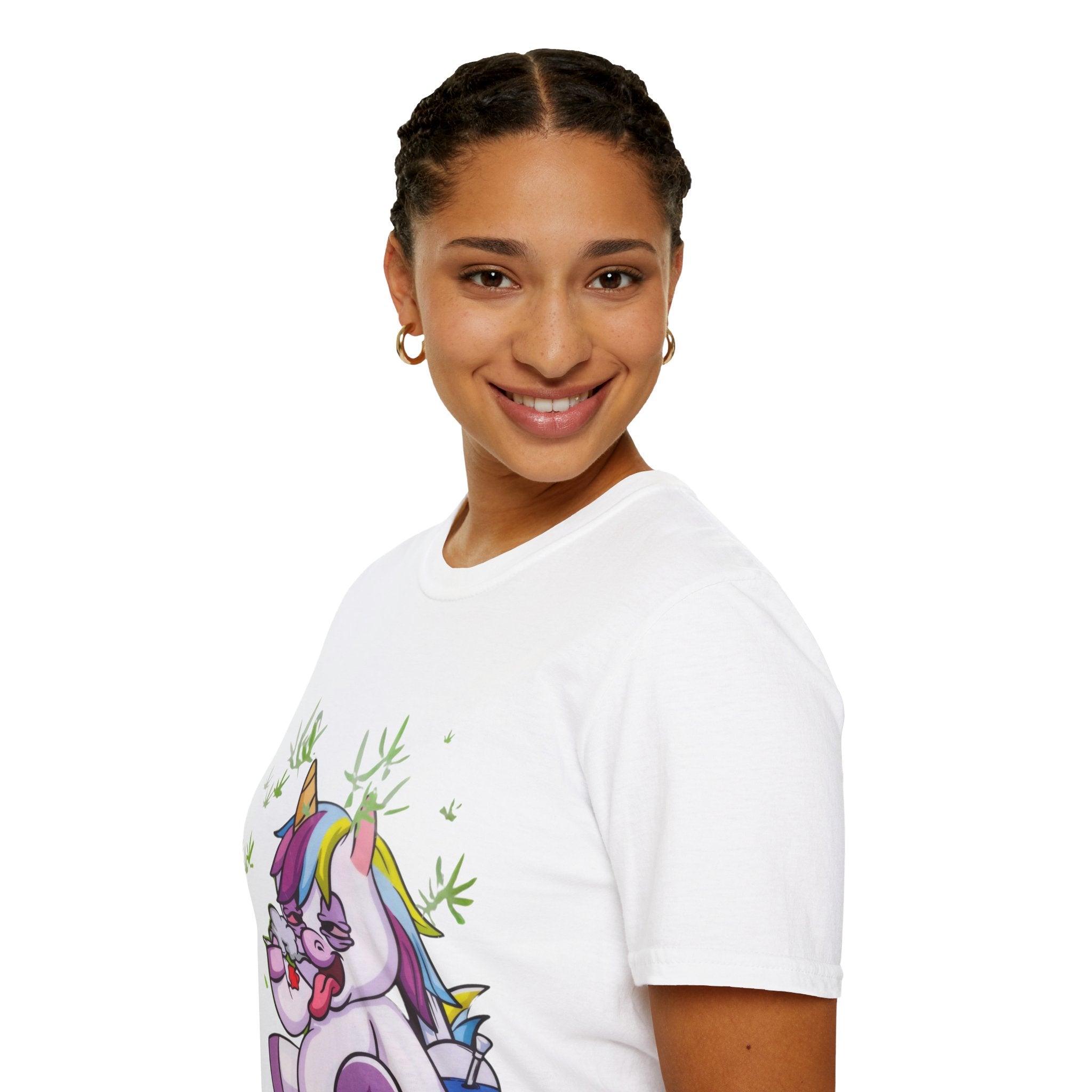 Playful Unicorn Graphic Tee, Surfer Style T-Shirt for Fun Lovers, Perfect Gift for Birthdays, Festivals, Casual Wear, Unisex Softstyle Shirt