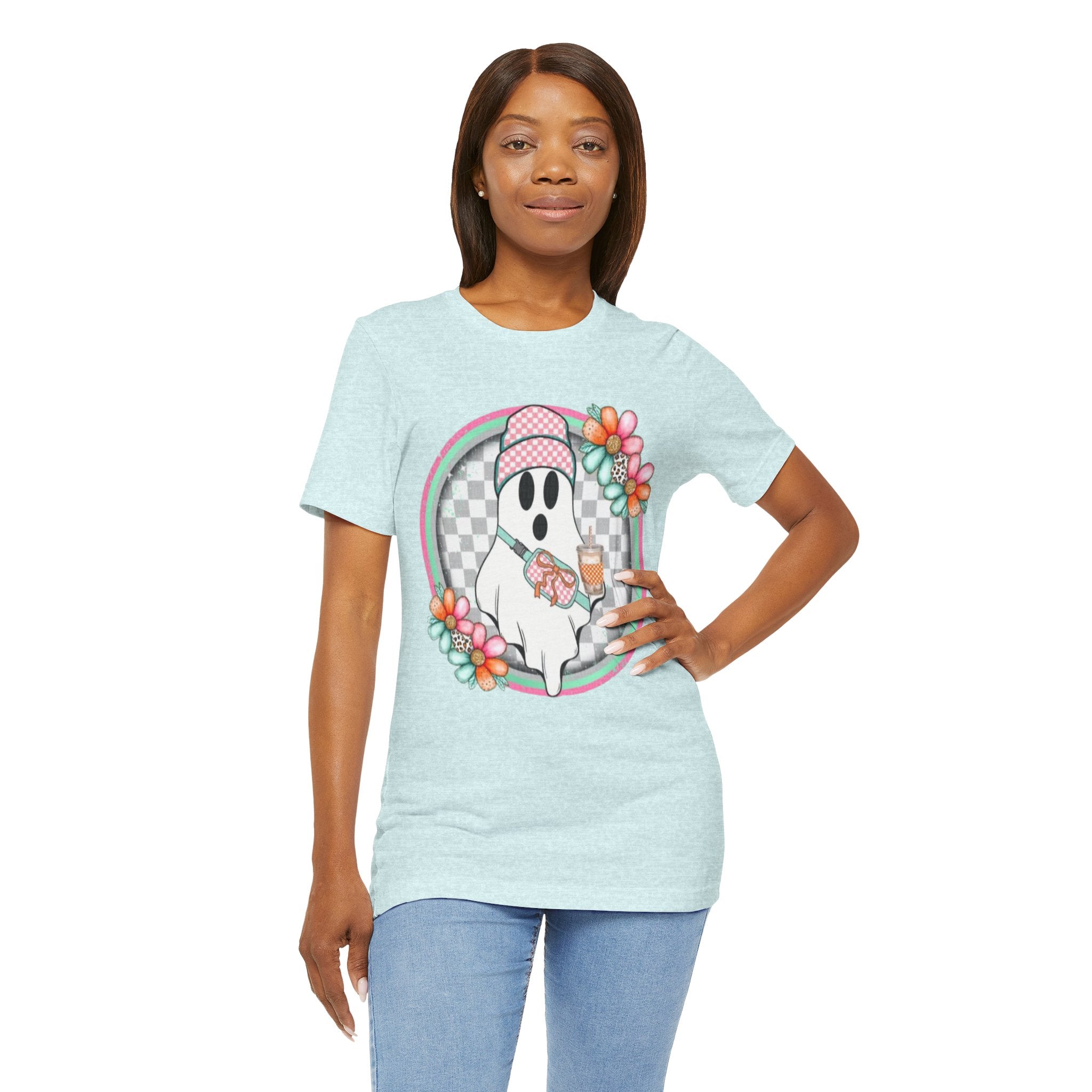 BOO Cute Ghost Drinking Tea Unisex T-Shirt, Fun Halloween Tee, Cozy Fall Apparel, Ghost Lover Gift, Casual Everyday Wear