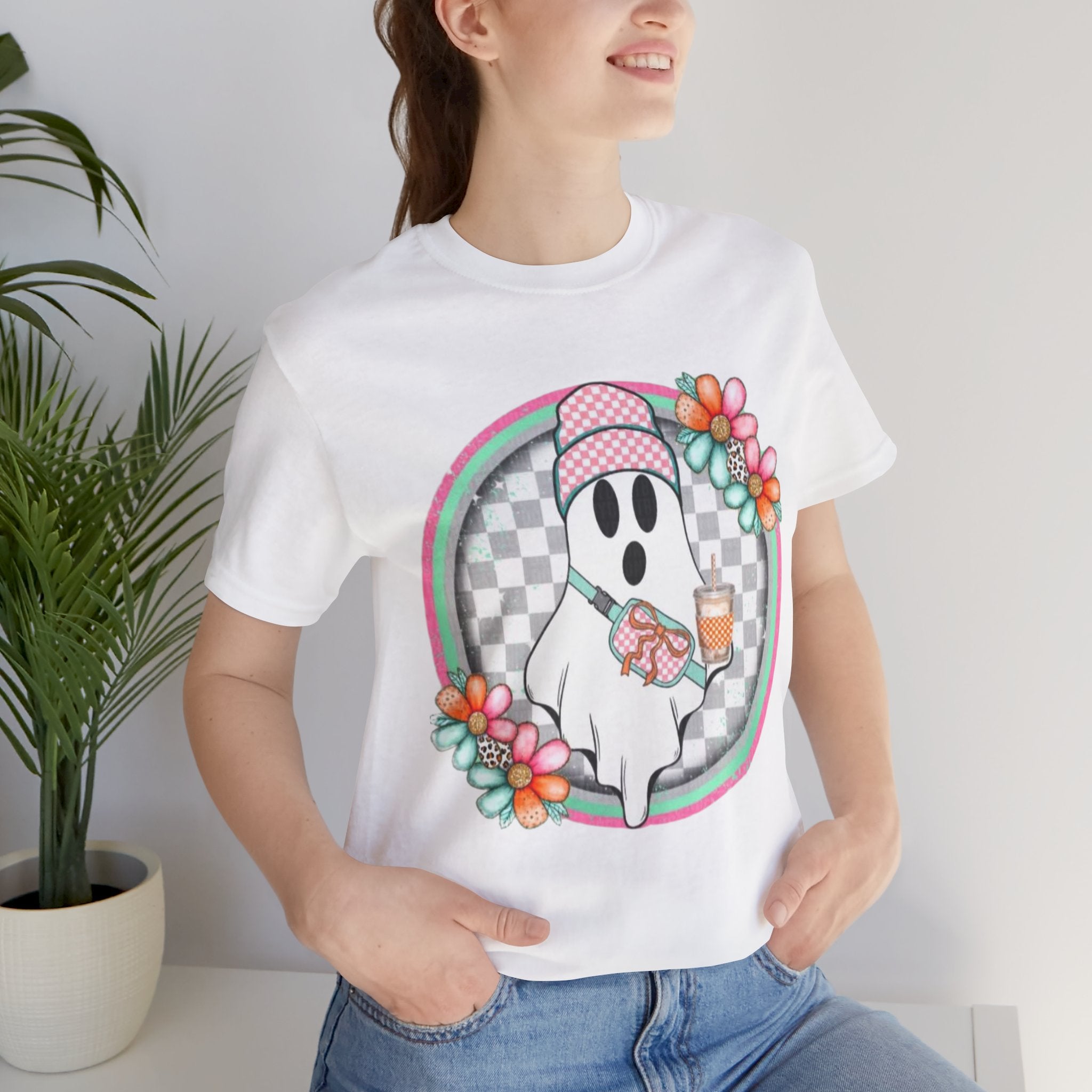 BOO Cute Ghost Drinking Tea Unisex T-Shirt, Fun Halloween Tee, Cozy Fall Apparel, Ghost Lover Gift, Casual Everyday Wear