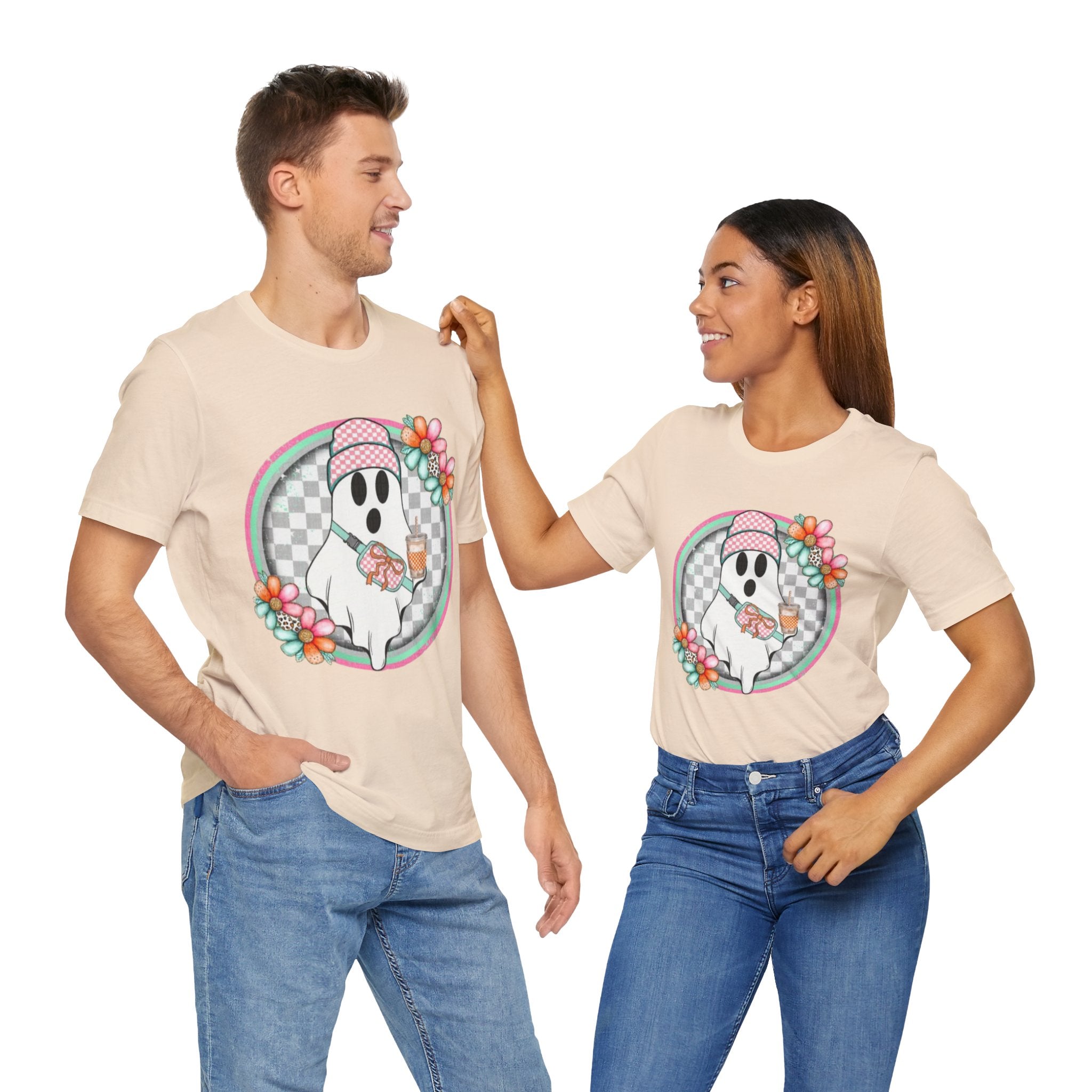 BOO Cute Ghost Drinking Tea Unisex T-Shirt, Fun Halloween Tee, Cozy Fall Apparel, Ghost Lover Gift, Casual Everyday Wear