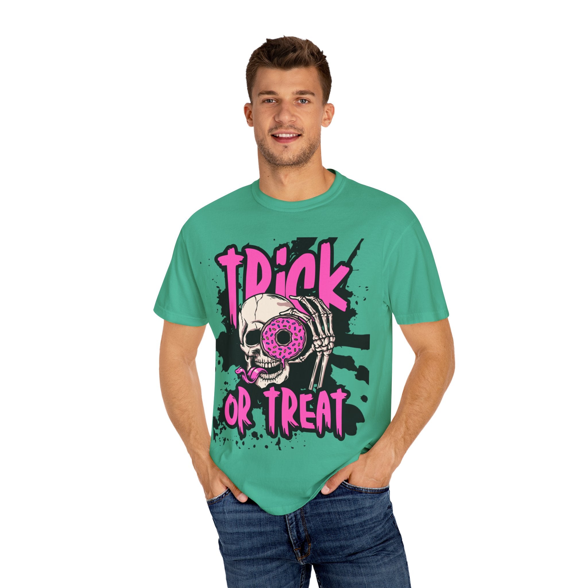 Trick or Treat Unisex Garment-Dyed T-Shirt, Halloween Shirt, Spooky Tee, Graphic T-Shirt, Casual Wear, Festival Clothing