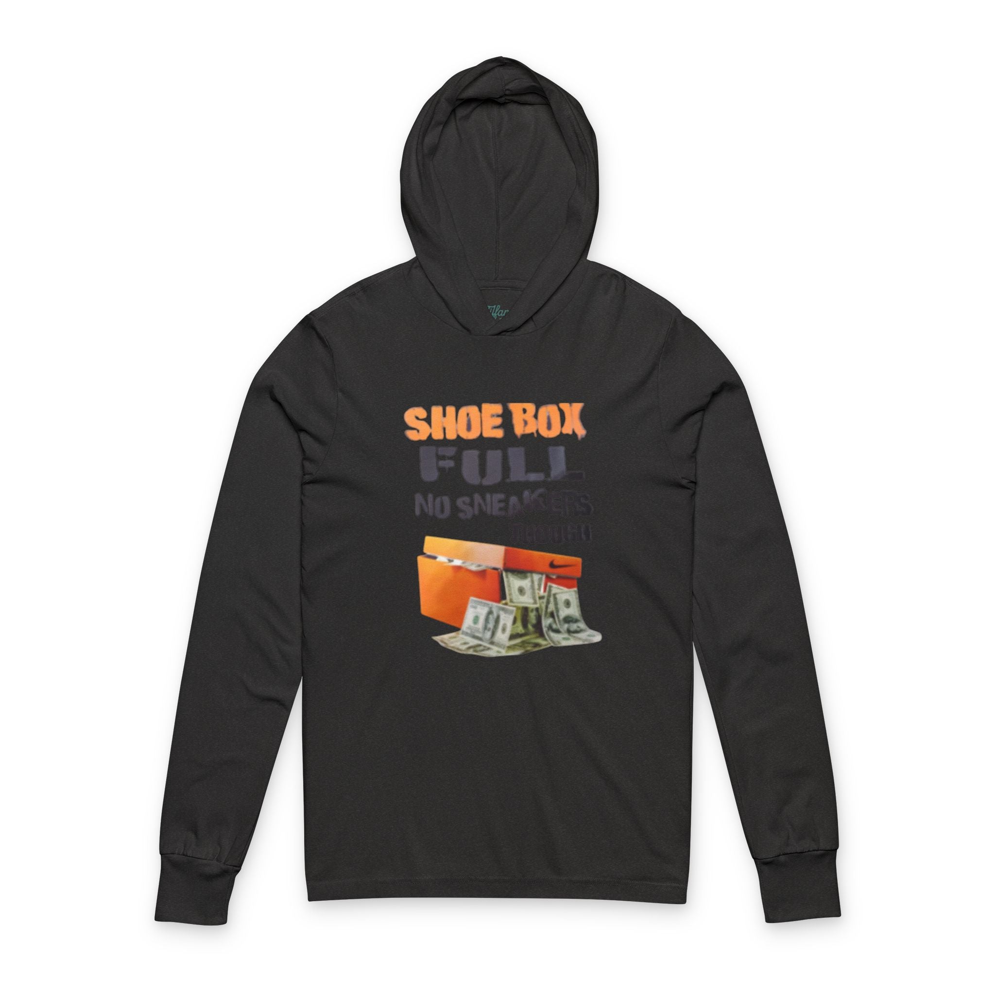 Shoe Box Full-MoneyBaggs Collection Unisex Hooded Long Sleeve Tee, Casual Wear, Gift for Sneakerheads, Streetwear Style, Outdoor Adventure Apparel