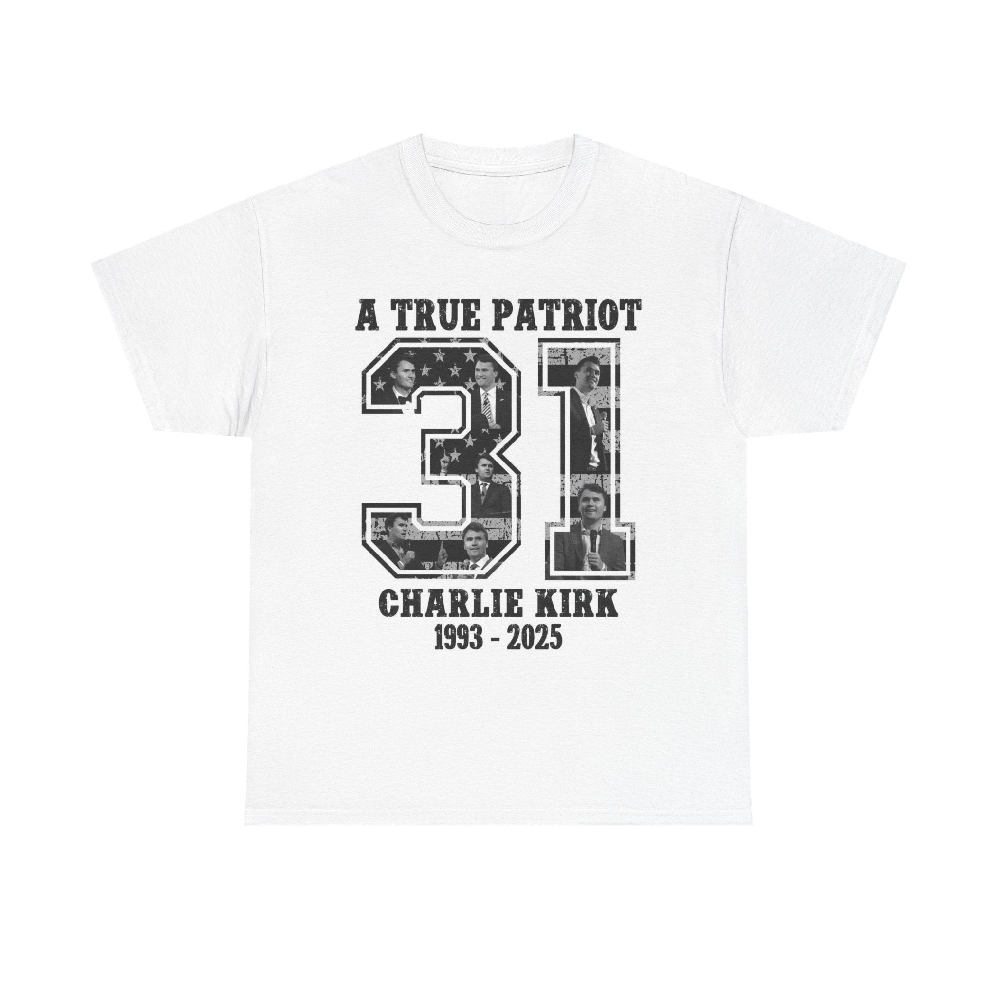 Patriotic Kirk Tribute Tee, Unisex Heavy Cotton Tee, Memorial Shirt, Tribute Gift, 4th of July, Casual Wear, Commemorative Apparel