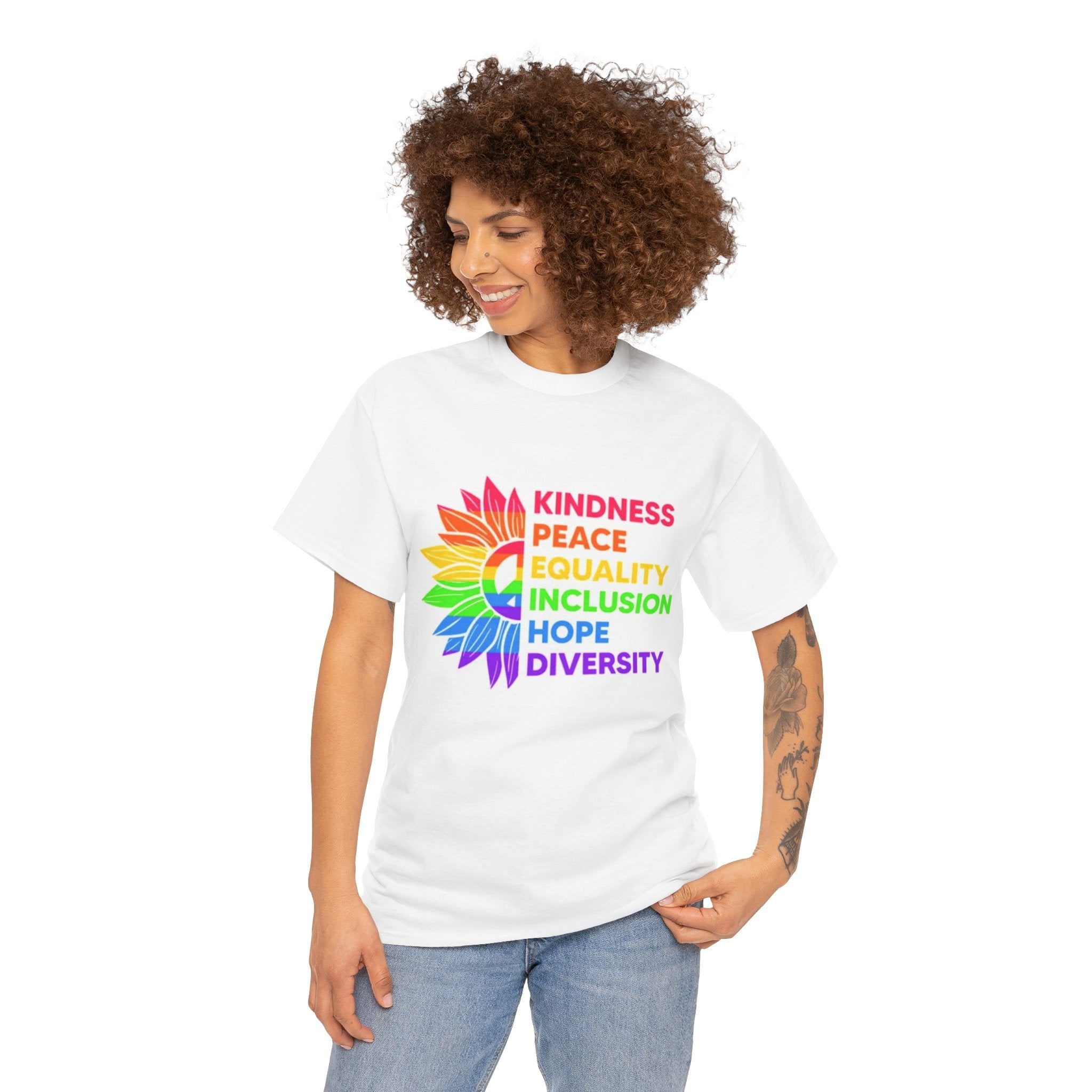 Rainbow Inclusivity Unisex Heavy Cotton Tee - Kindness, Peace, Equality, Hope & Diversity