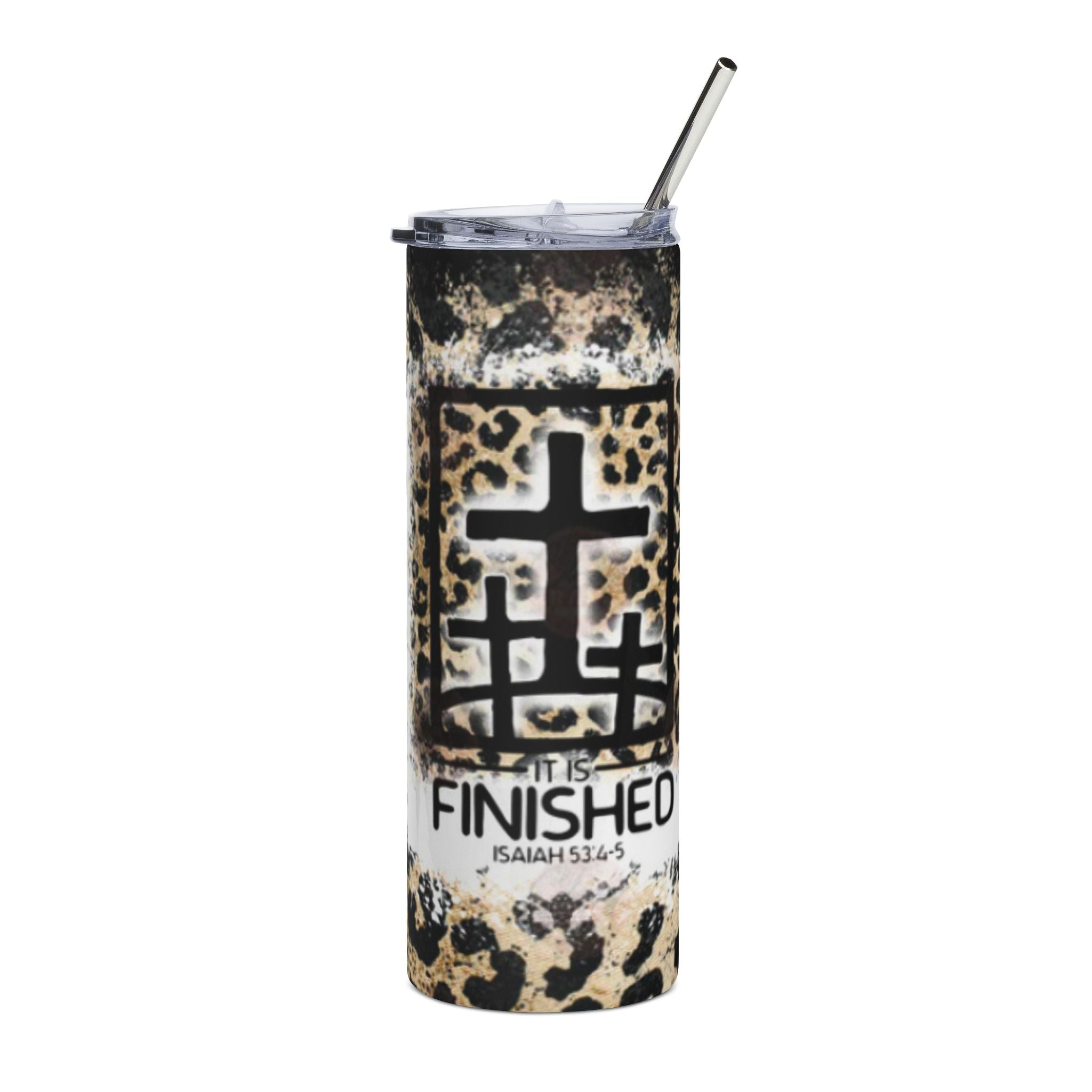 Leopard Print Stainless Steel Tumbler - 'It Is Finished' Isaiah 53:4