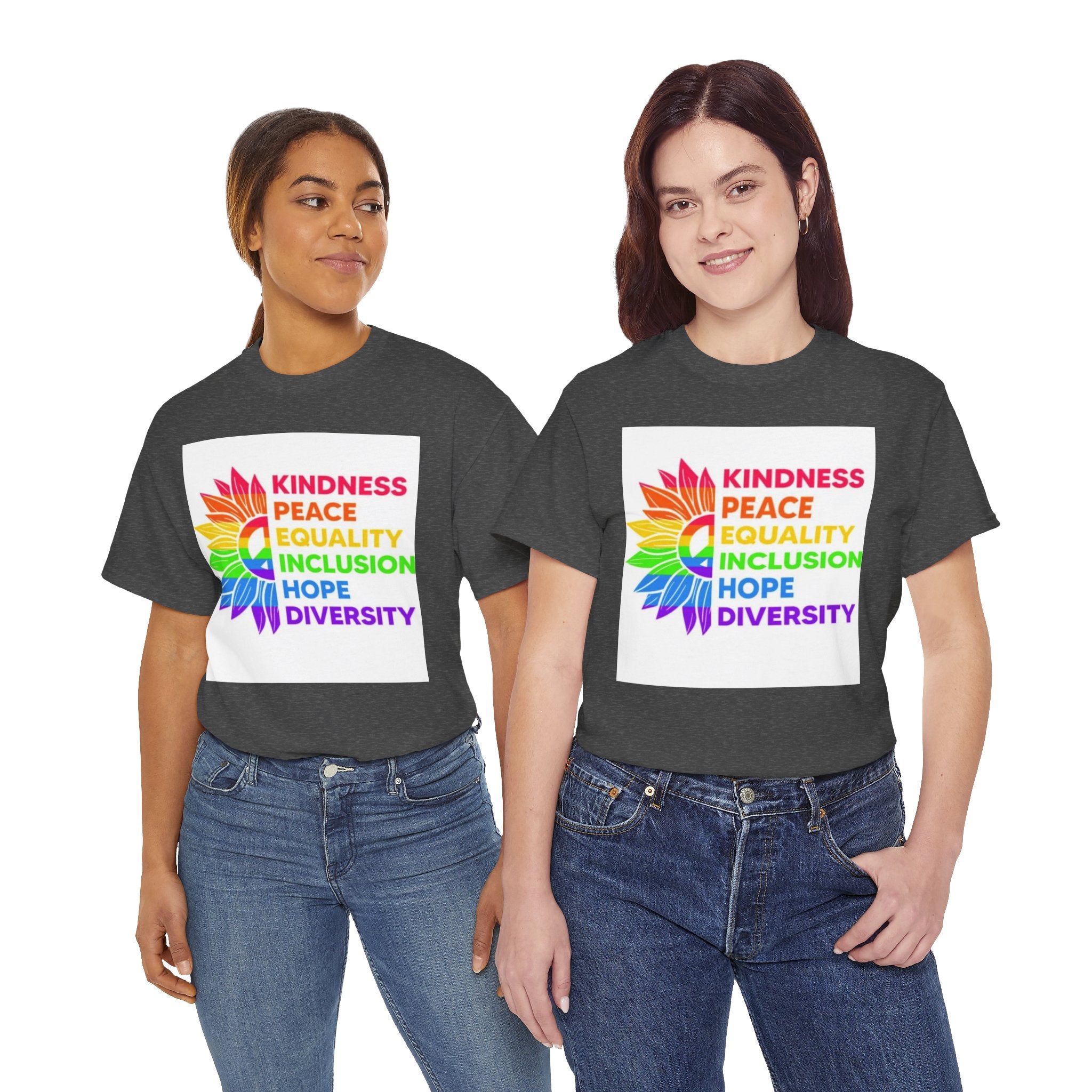 Rainbow Inclusivity Unisex Heavy Cotton Tee - Kindness, Peace, Equality, Hope & Diversity