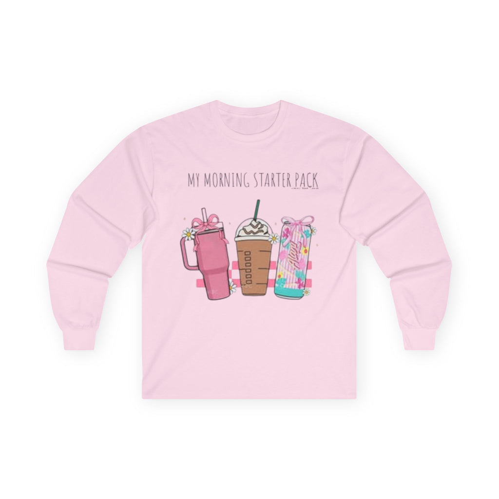 My Morning Starter Pack Long Sleeve Tee | Cute Coffee Lover Apparel, Gift for Baristas, Cozy Casual Style, Holiday Gift Idea