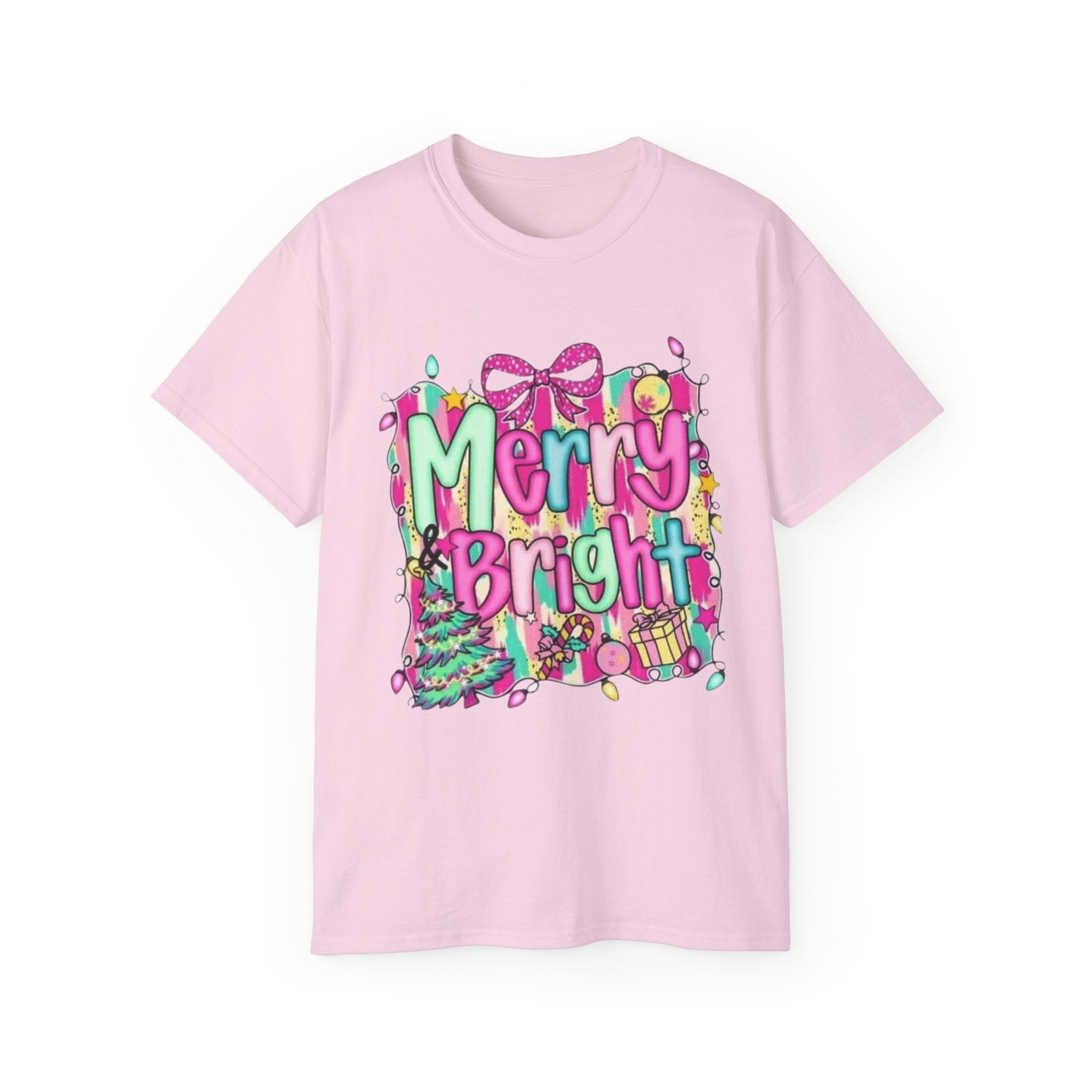 Merry & Bright Holiday Tee, Fun Christmas Gift, Unisex Cotton T-Shirt, Festive Apparel, Holiday Party Outfit, Casual Wear