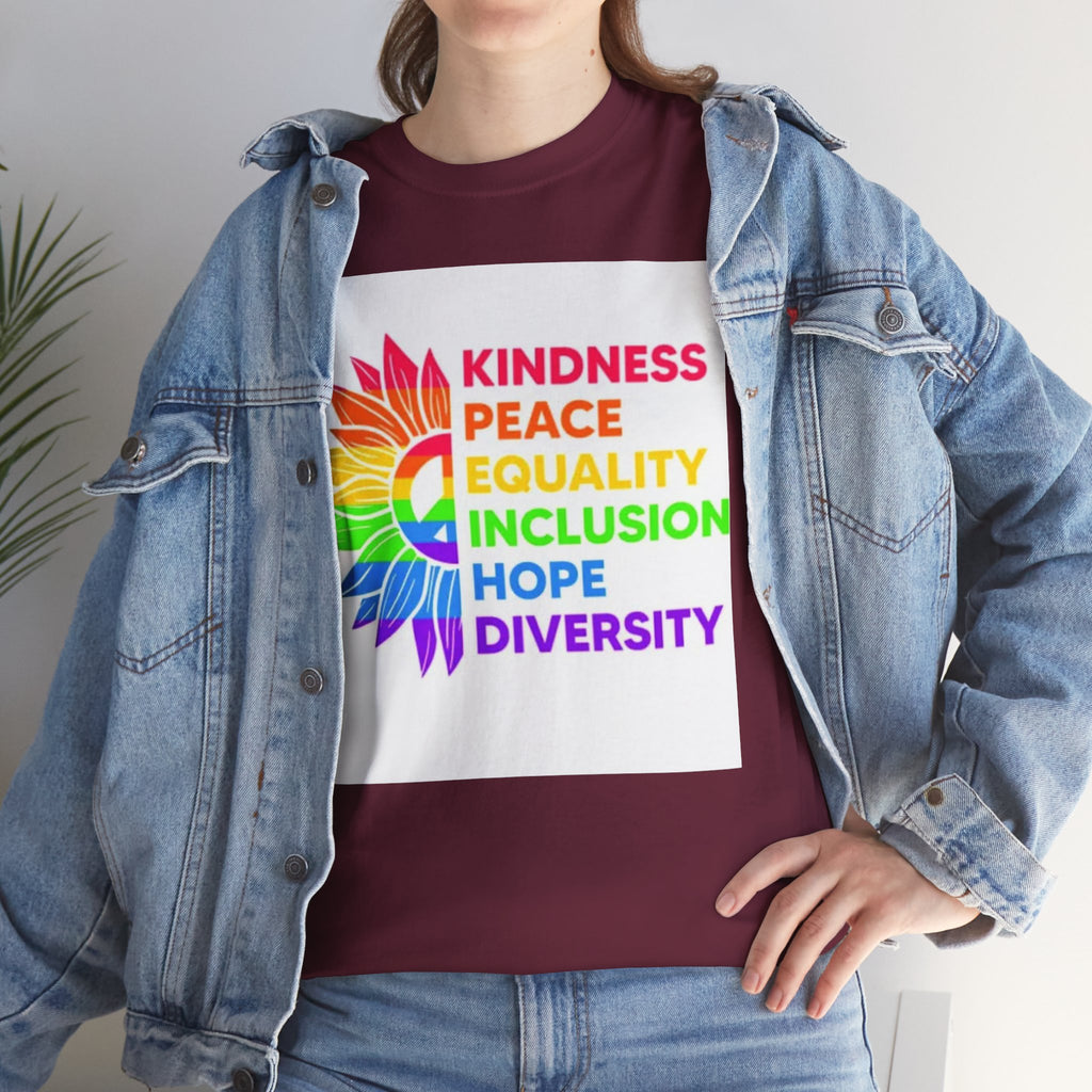 Rainbow Inclusivity Unisex Heavy Cotton Tee - Kindness, Peace, Equality, Hope & Diversity