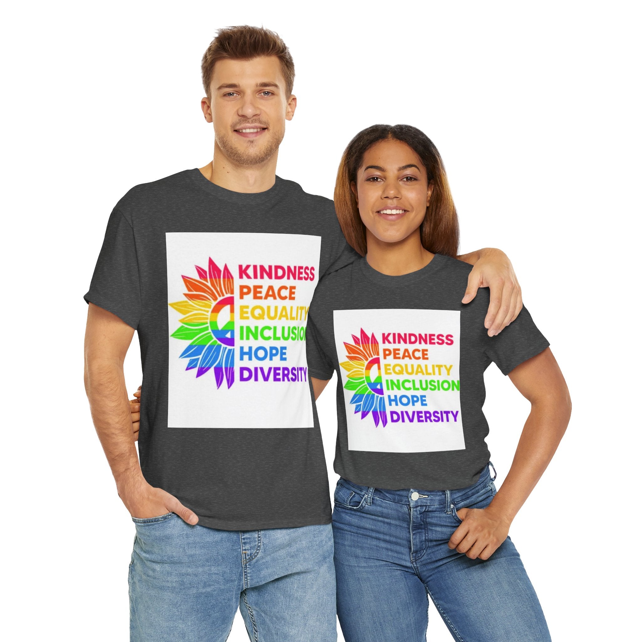 Rainbow Inclusivity Unisex Heavy Cotton Tee - Kindness, Peace, Equality, Hope & Diversity