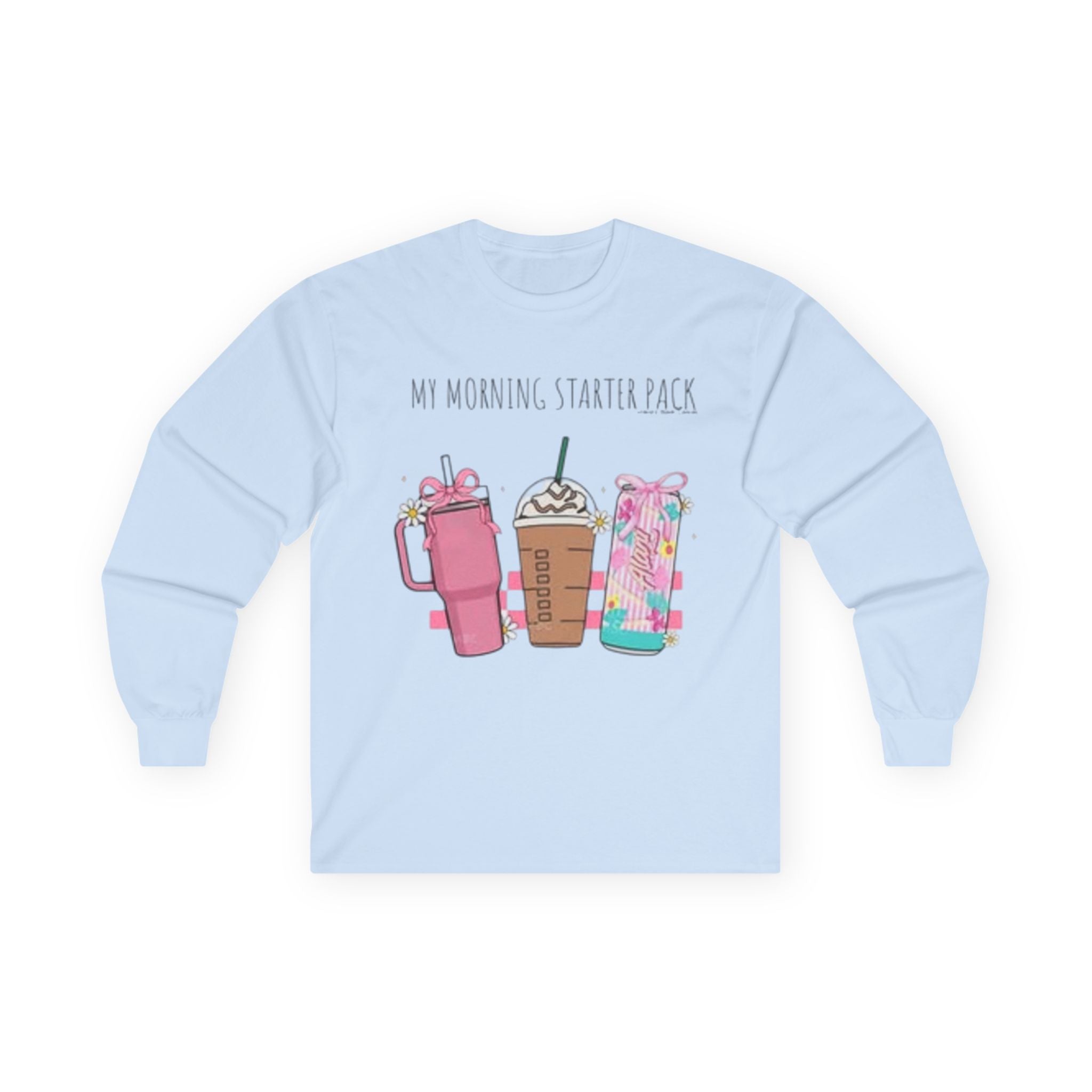 My Morning Starter Pack Long Sleeve Tee | Cute Coffee Lover Apparel, Gift for Baristas, Cozy Casual Style, Holiday Gift Idea