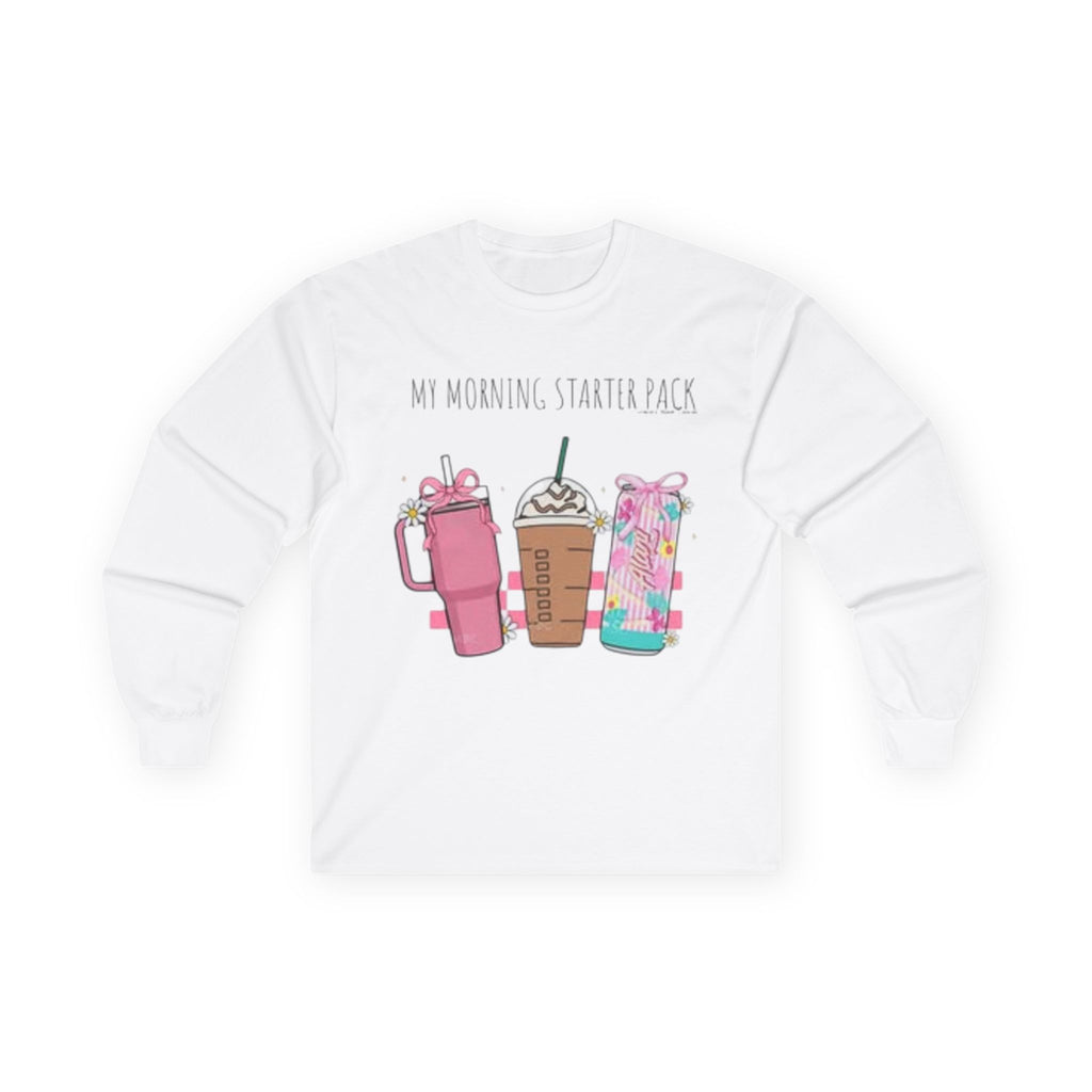 My Morning Starter Pack Long Sleeve Tee | Cute Coffee Lover Apparel, Gift for Baristas, Cozy Casual Style, Holiday Gift Idea