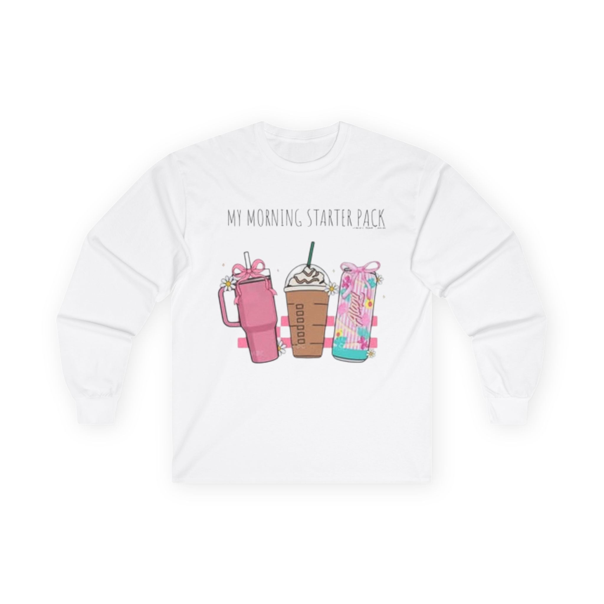 My Morning Starter Pack Long Sleeve Tee | Cute Coffee Lover Apparel, Gift for Baristas, Cozy Casual Style, Holiday Gift Idea