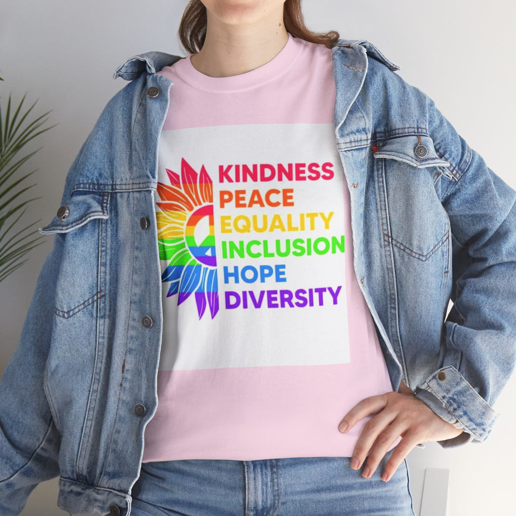 Rainbow Inclusivity Unisex Heavy Cotton Tee - Kindness, Peace, Equality, Hope & Diversity