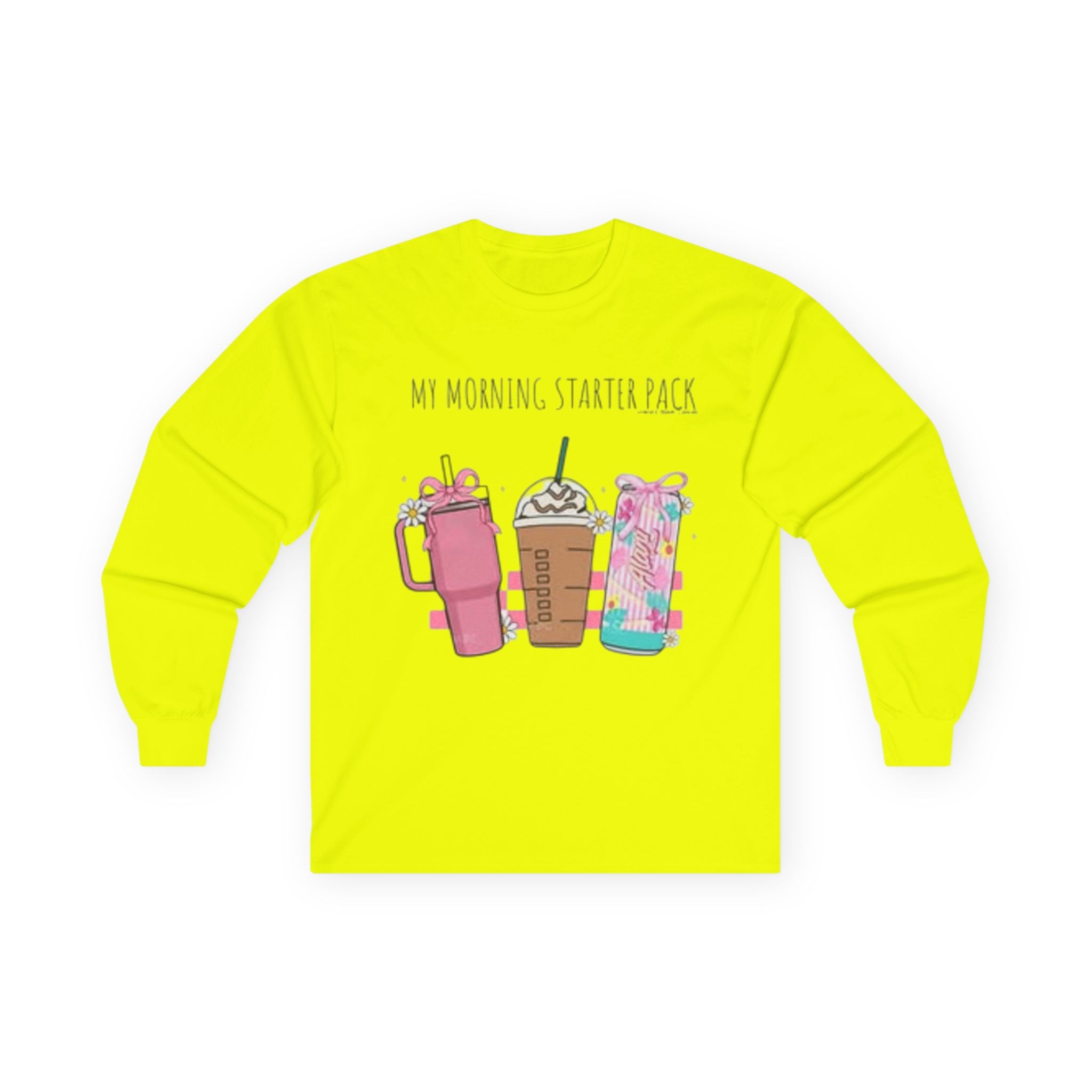 My Morning Starter Pack Long Sleeve Tee | Cute Coffee Lover Apparel, Gift for Baristas, Cozy Casual Style, Holiday Gift Idea