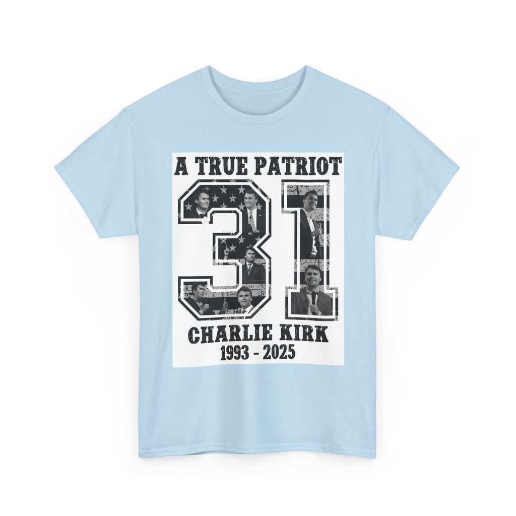 Patriotic Kirk Tribute Tee, Unisex Heavy Cotton Tee, Memorial Shirt, Tribute Gift, 4th of July, Casual Wear, Commemorative Apparel