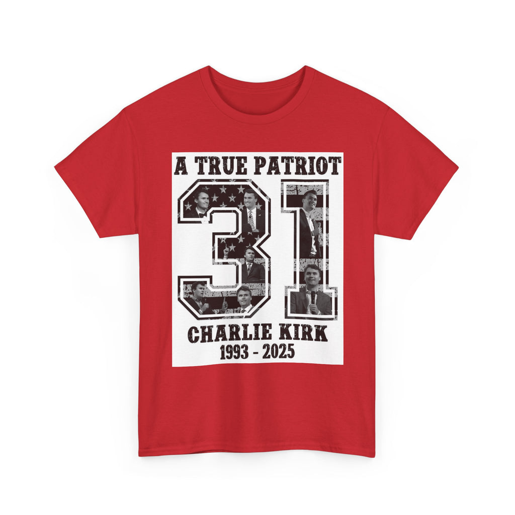 Patriotic Kirk Tribute Tee, Unisex Heavy Cotton Tee, Memorial Shirt, Tribute Gift, 4th of July, Casual Wear, Commemorative Apparel