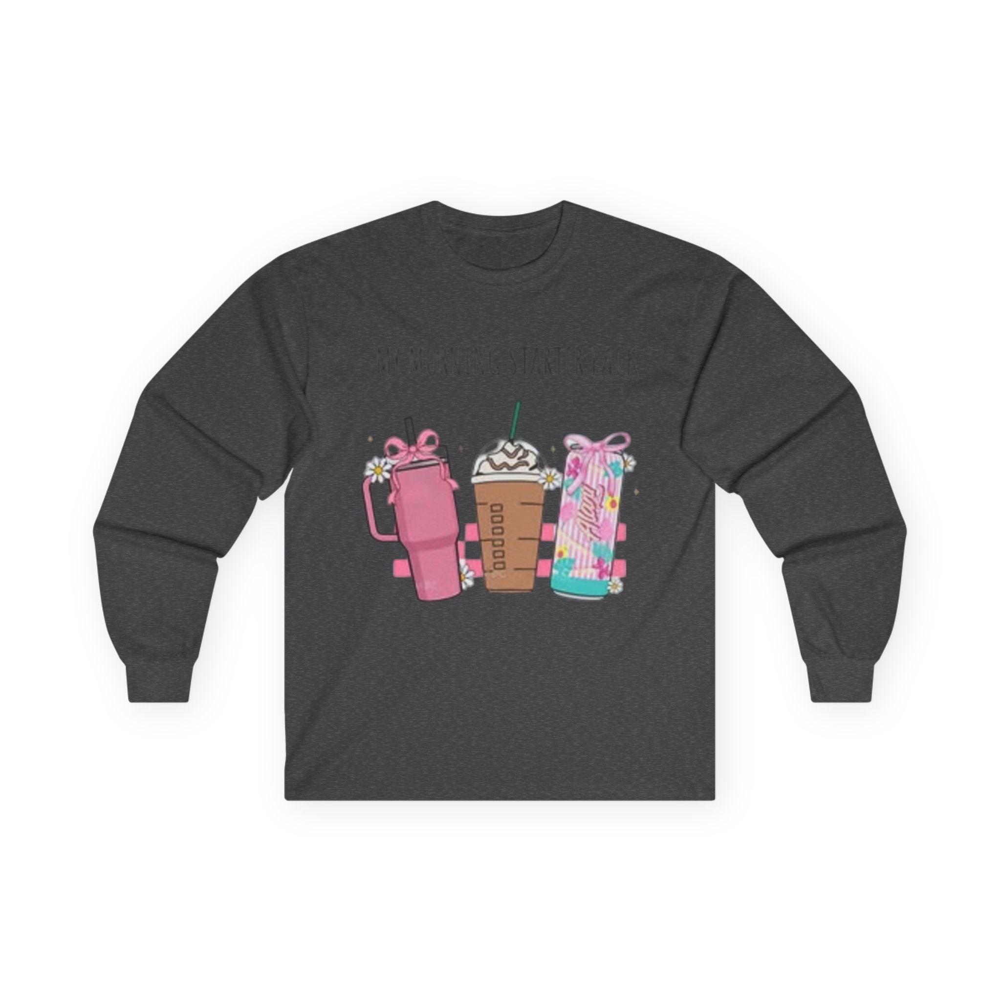 My Morning Starter Pack Long Sleeve Tee | Cute Coffee Lover Apparel, Gift for Baristas, Cozy Casual Style, Holiday Gift Idea