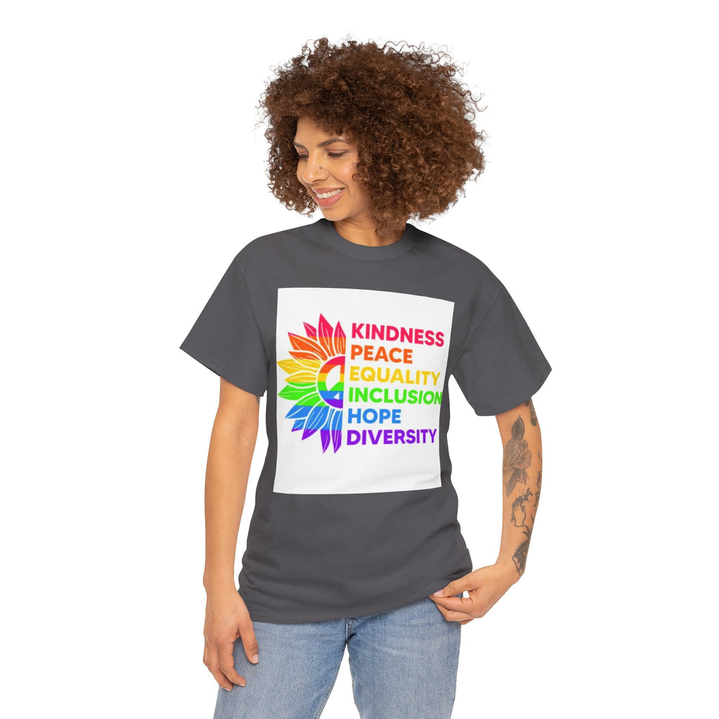 Rainbow Inclusivity Unisex Heavy Cotton Tee - Kindness, Peace, Equality, Hope & Diversity