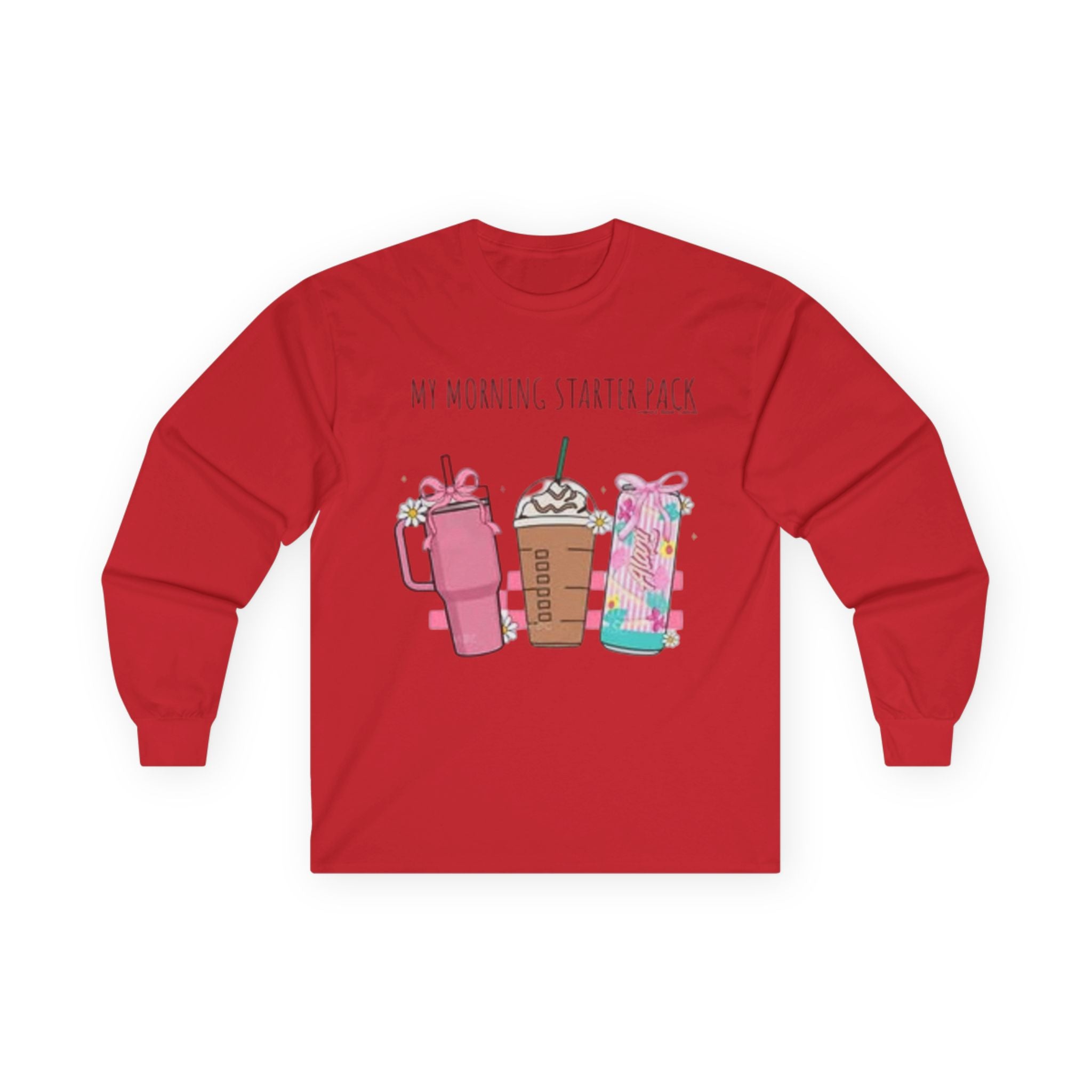 My Morning Starter Pack Long Sleeve Tee | Cute Coffee Lover Apparel, Gift for Baristas, Cozy Casual Style, Holiday Gift Idea