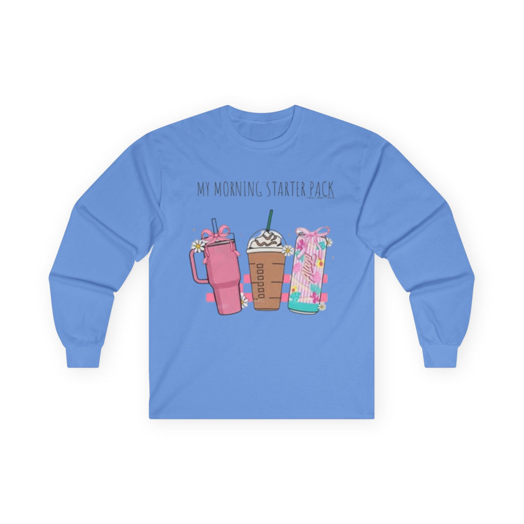 My Morning Starter Pack Long Sleeve Tee | Cute Coffee Lover Apparel, Gift for Baristas, Cozy Casual Style, Holiday Gift Idea