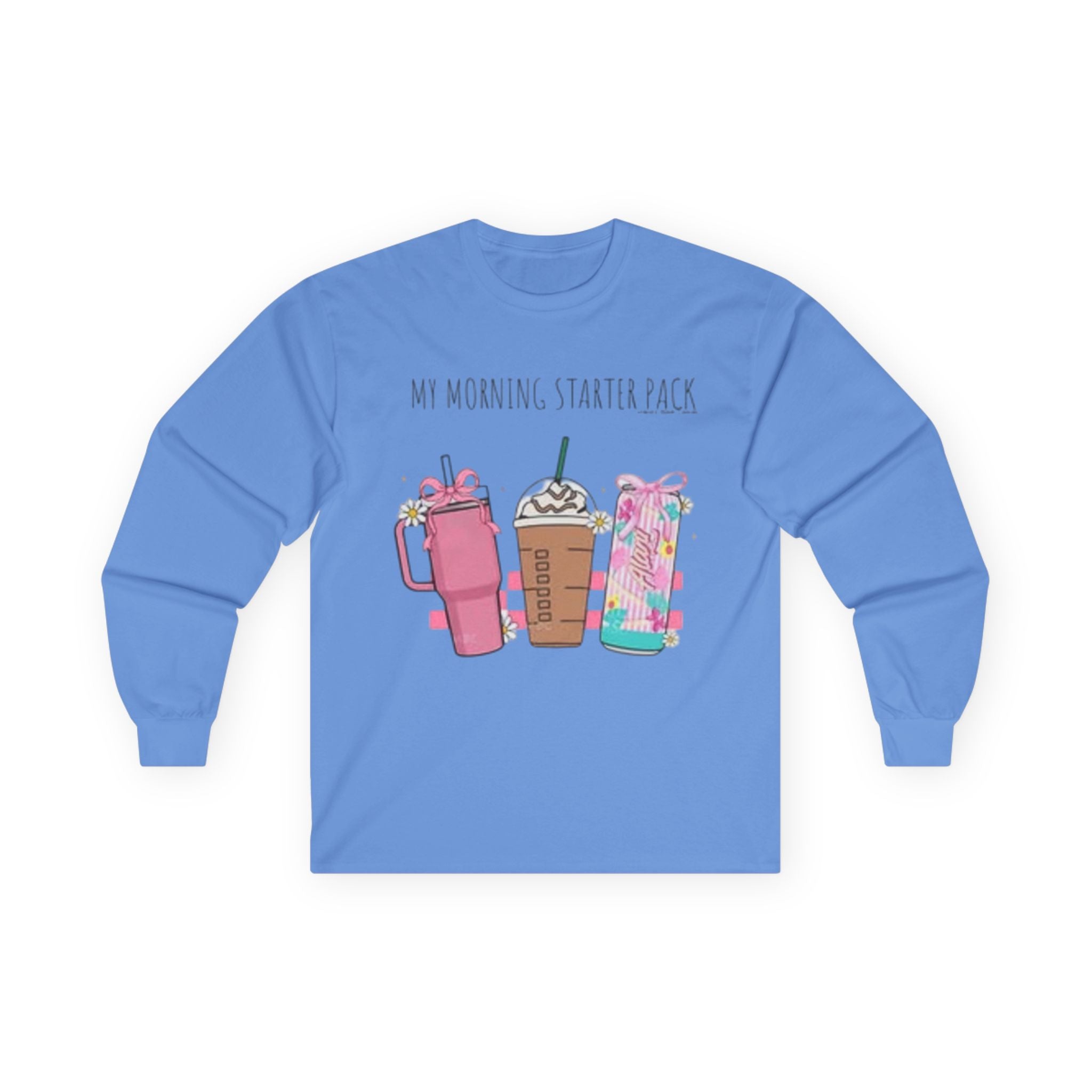 My Morning Starter Pack Long Sleeve Tee | Cute Coffee Lover Apparel, Gift for Baristas, Cozy Casual Style, Holiday Gift Idea