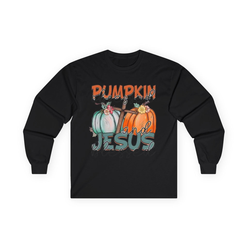 Pumpkin and Jesus Long Sleeve Tee, Fall Apparel, Unisex T-Shirt, Thanksgiving Shirt, Christian Clothing, Autumn Wear, Seasonal Fashion