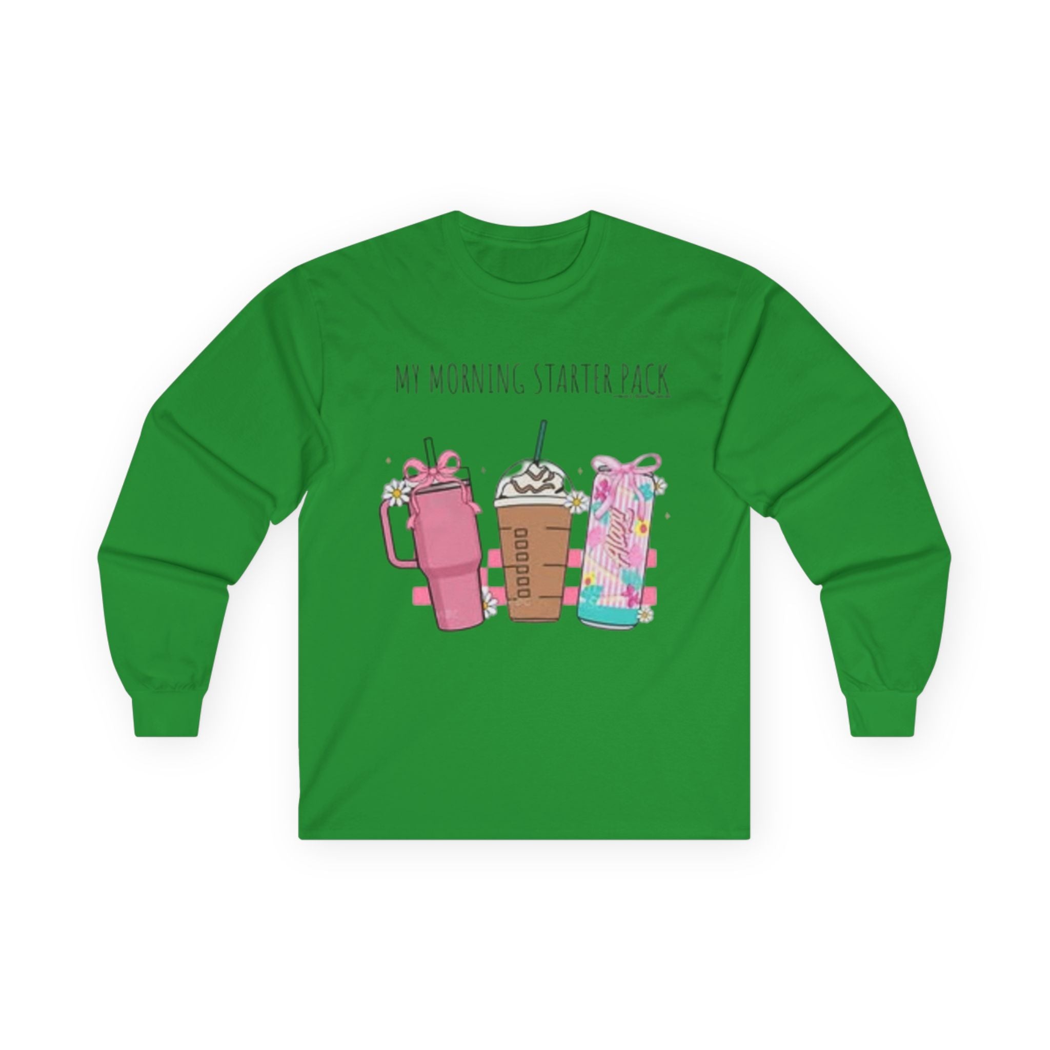 My Morning Starter Pack Long Sleeve Tee | Cute Coffee Lover Apparel, Gift for Baristas, Cozy Casual Style, Holiday Gift Idea