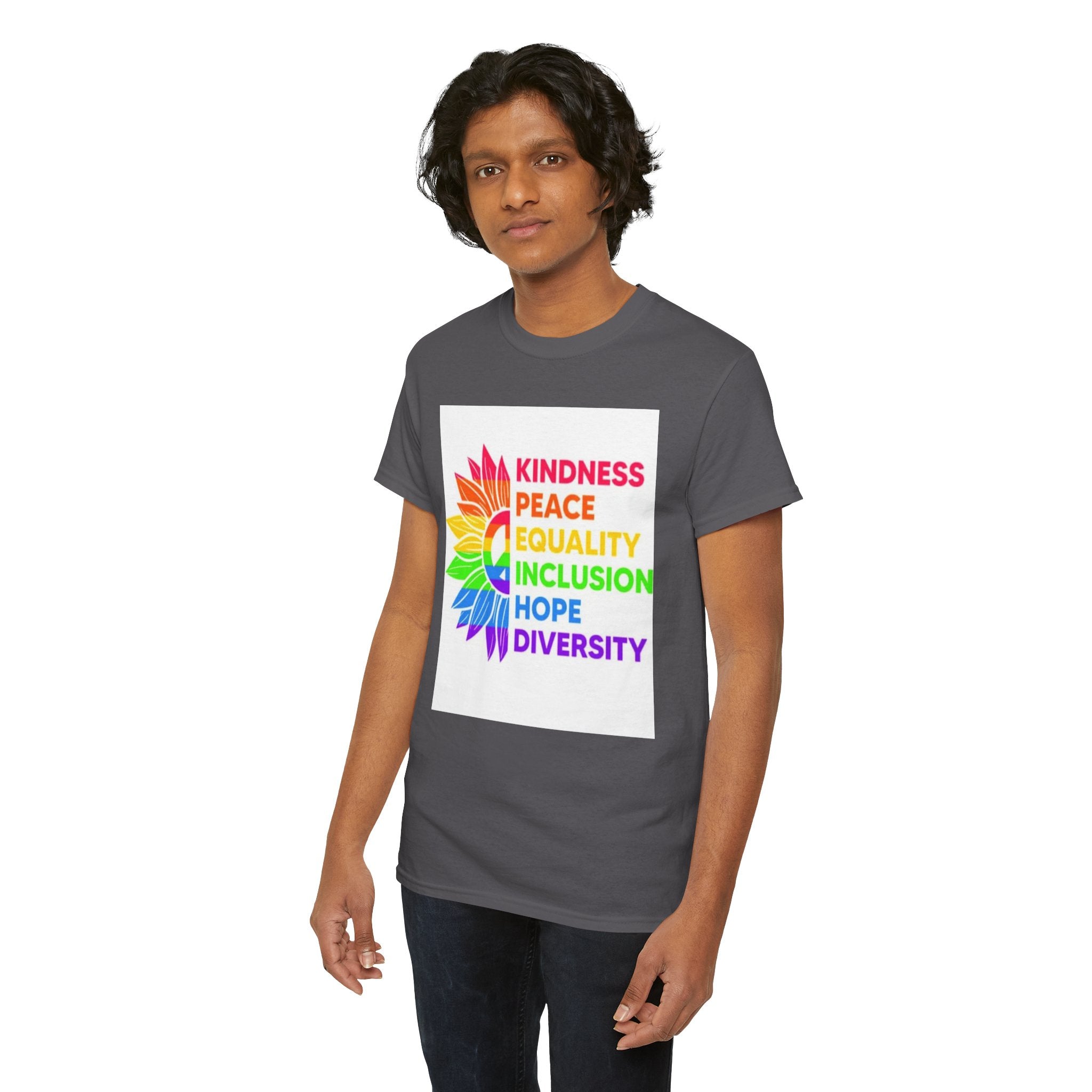 Rainbow Inclusivity Unisex Heavy Cotton Tee - Kindness, Peace, Equality, Hope & Diversity