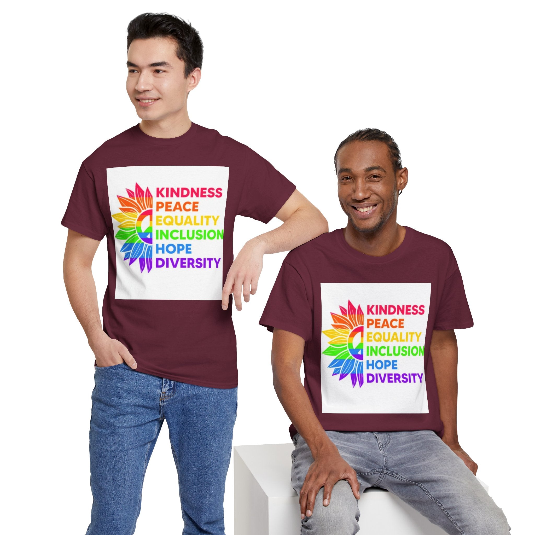 Rainbow Inclusivity Unisex Heavy Cotton Tee - Kindness, Peace, Equality, Hope & Diversity