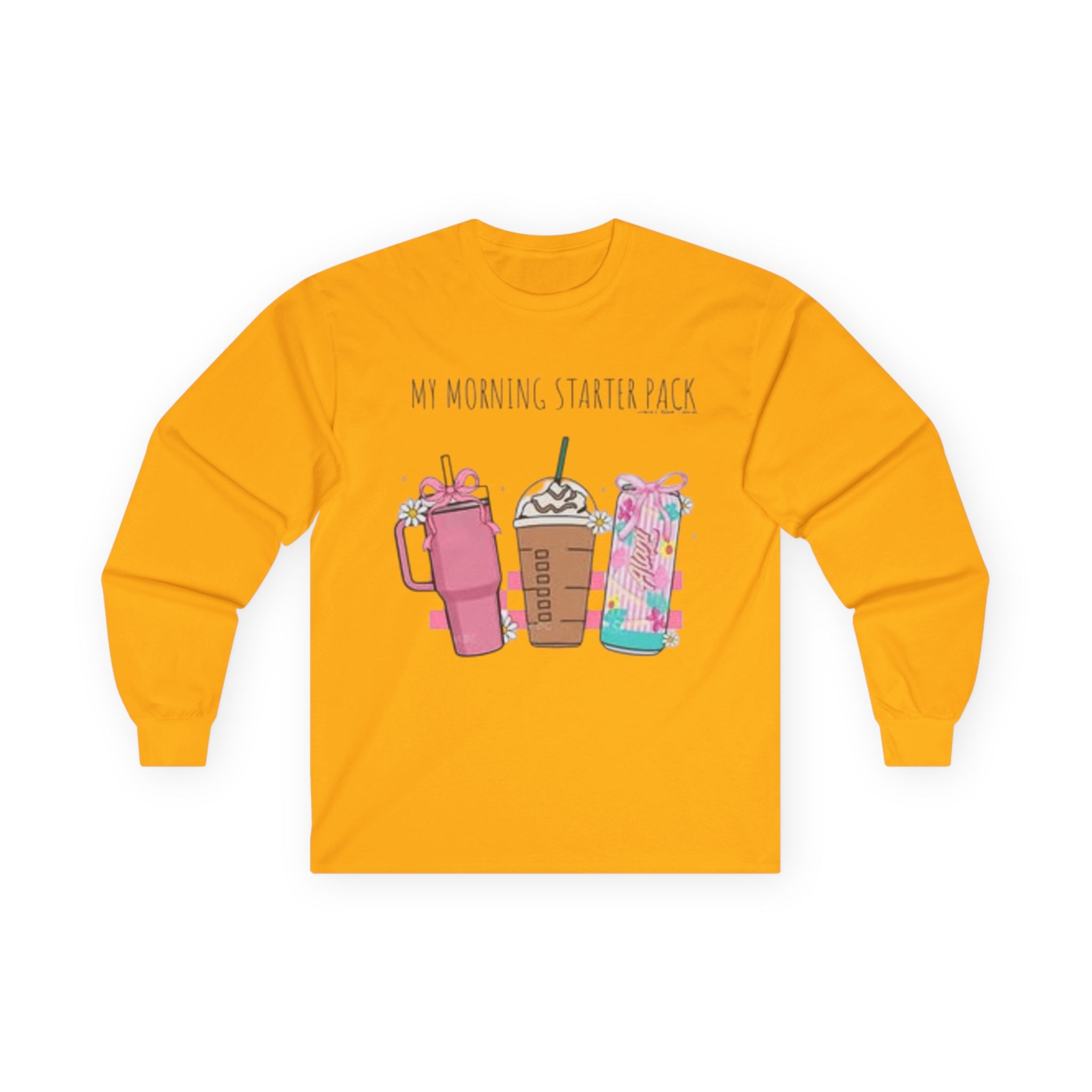 My Morning Starter Pack Long Sleeve Tee | Cute Coffee Lover Apparel, Gift for Baristas, Cozy Casual Style, Holiday Gift Idea