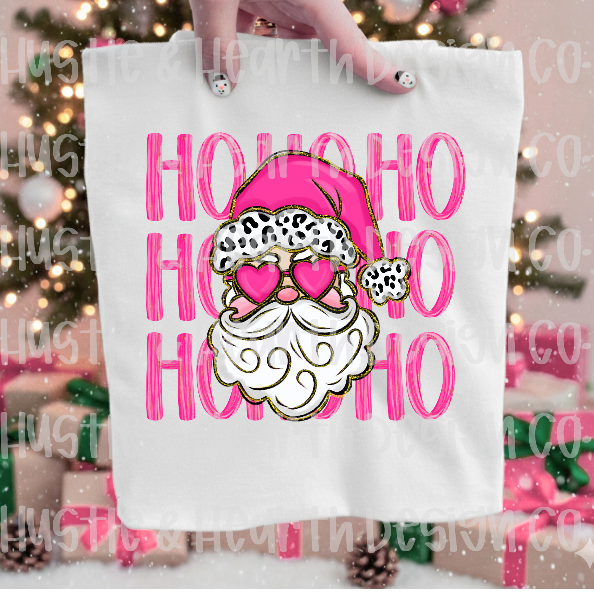 Santa with Pink Leopard Bandana Tee — "HO HO HO" Christmas T-Shirt
