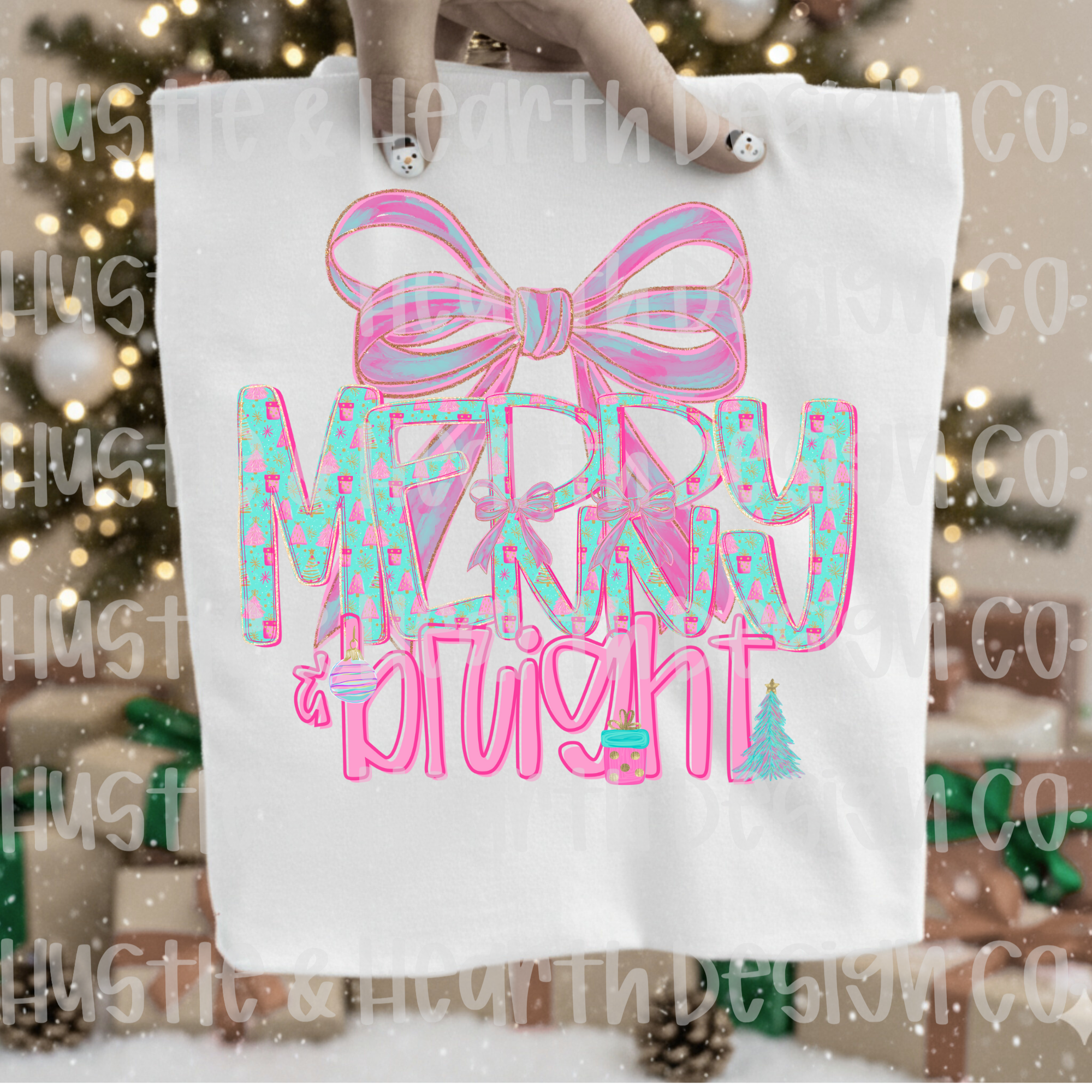 Merry & Bright Graphic Tee — Pink Bow Holiday Christmas T-Shirt