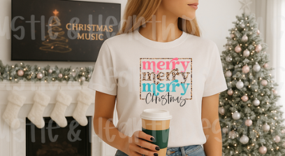 Merry Merry Merry Christmas Tee — Leopard Print & Pastel Holiday Shirt