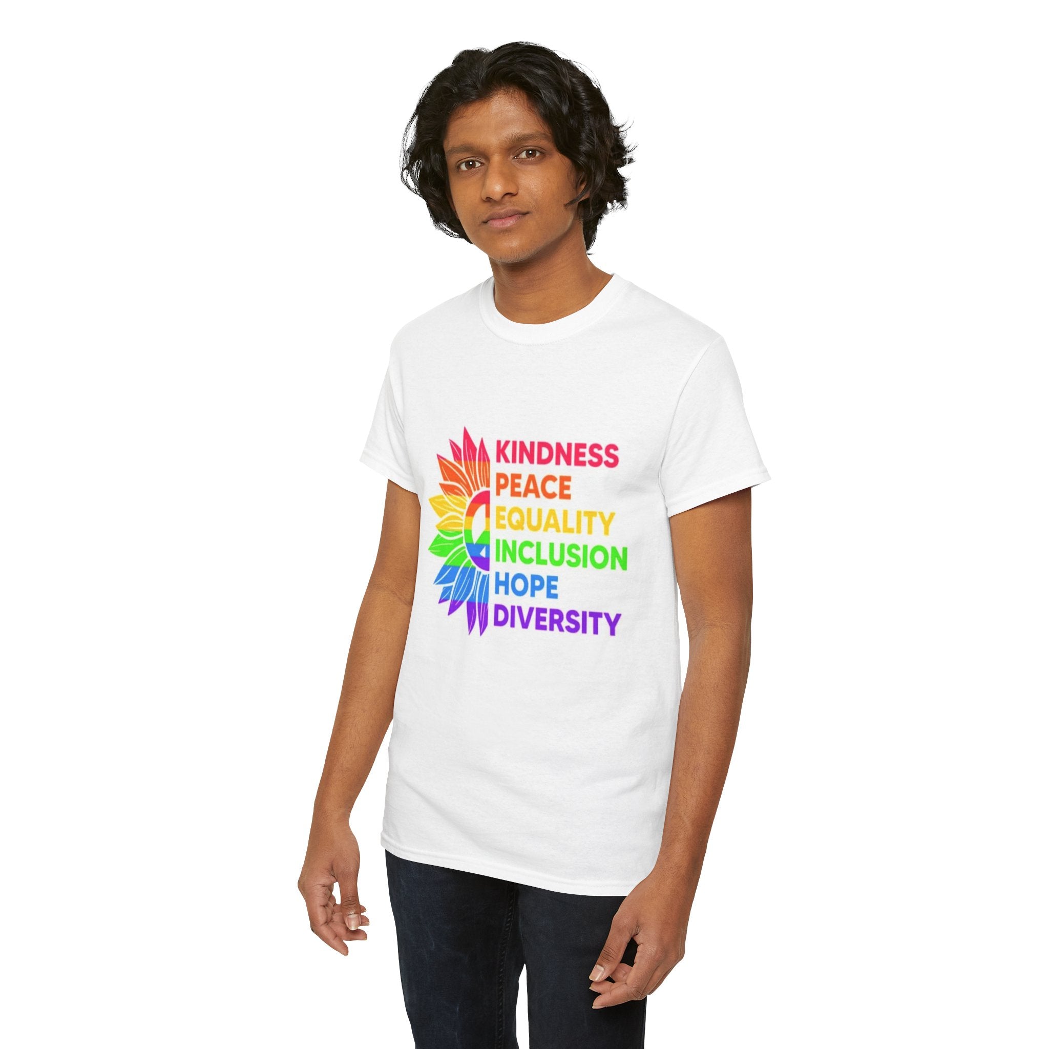 Rainbow Inclusivity Unisex Heavy Cotton Tee - Kindness, Peace, Equality, Hope & Diversity