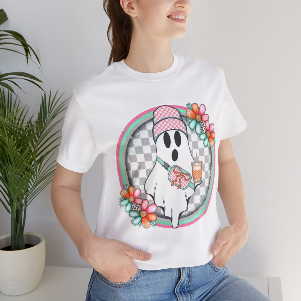 BOO Cute Ghost Drinking Tea Unisex T-Shirt, Fun Halloween Tee, Cozy Fall Apparel, Ghost Lover Gift, Casual Everyday Wear