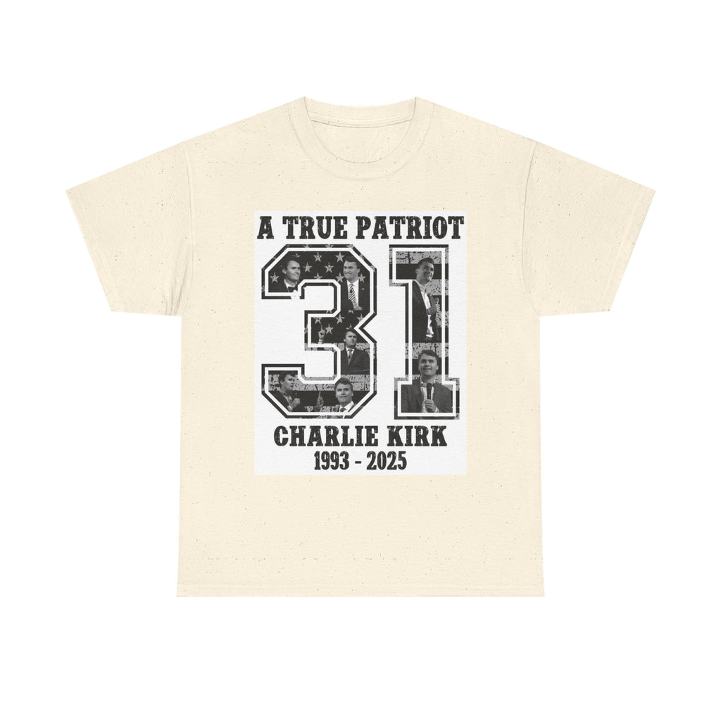 Patriotic Kirk Tribute Tee, Unisex Heavy Cotton Tee, Memorial Shirt, Tribute Gift, 4th of July, Casual Wear, Commemorative Apparel