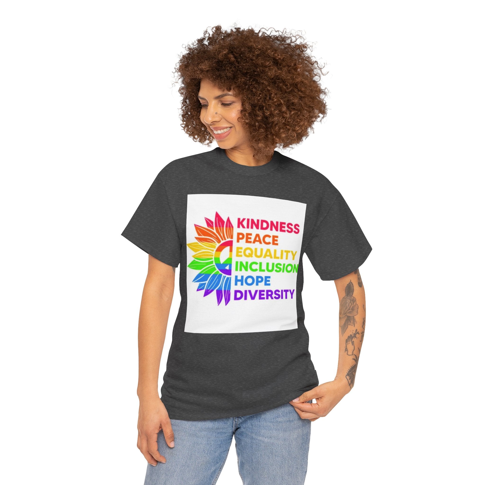 Rainbow Inclusivity Unisex Heavy Cotton Tee - Kindness, Peace, Equality, Hope & Diversity