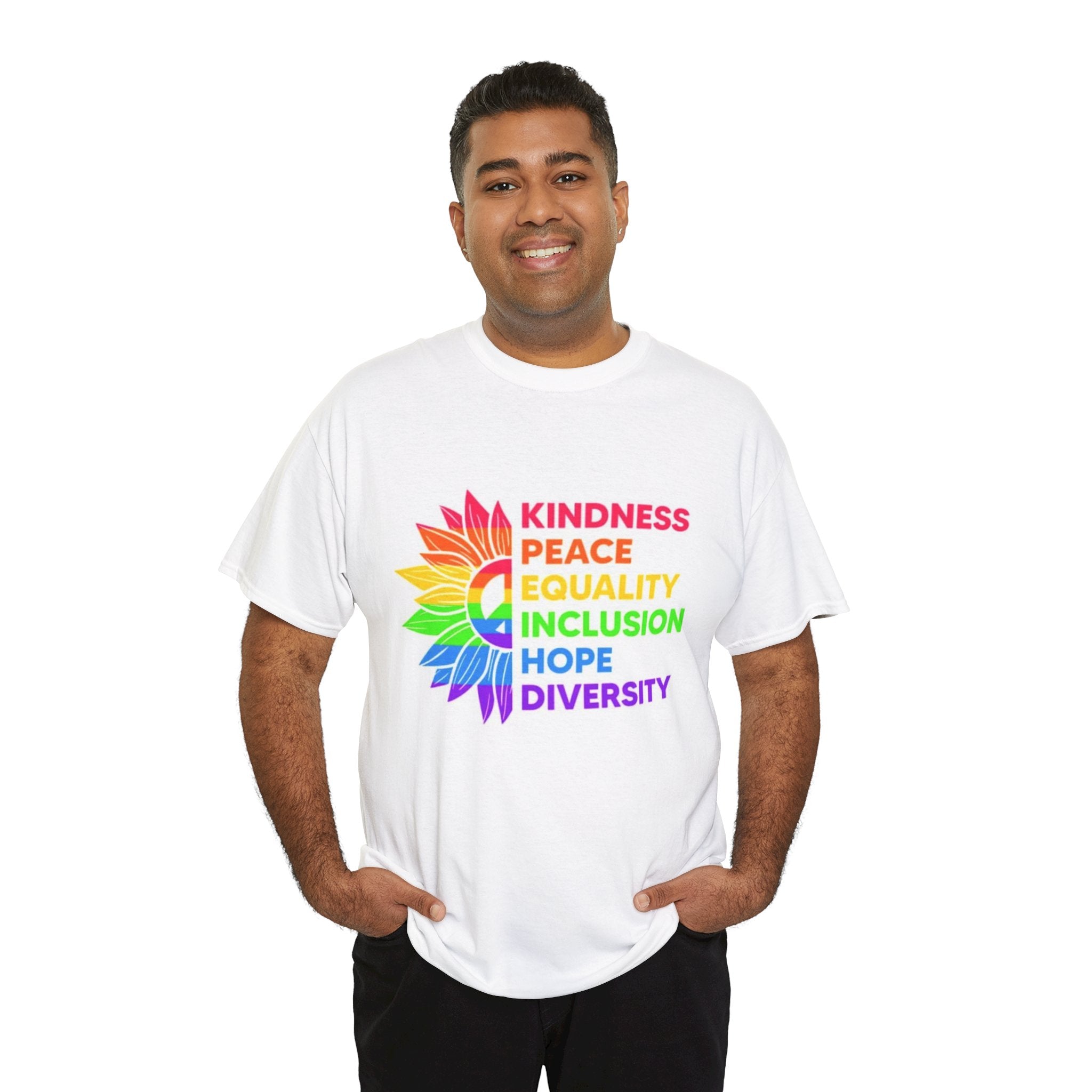 Rainbow Inclusivity Unisex Heavy Cotton Tee - Kindness, Peace, Equality, Hope & Diversity