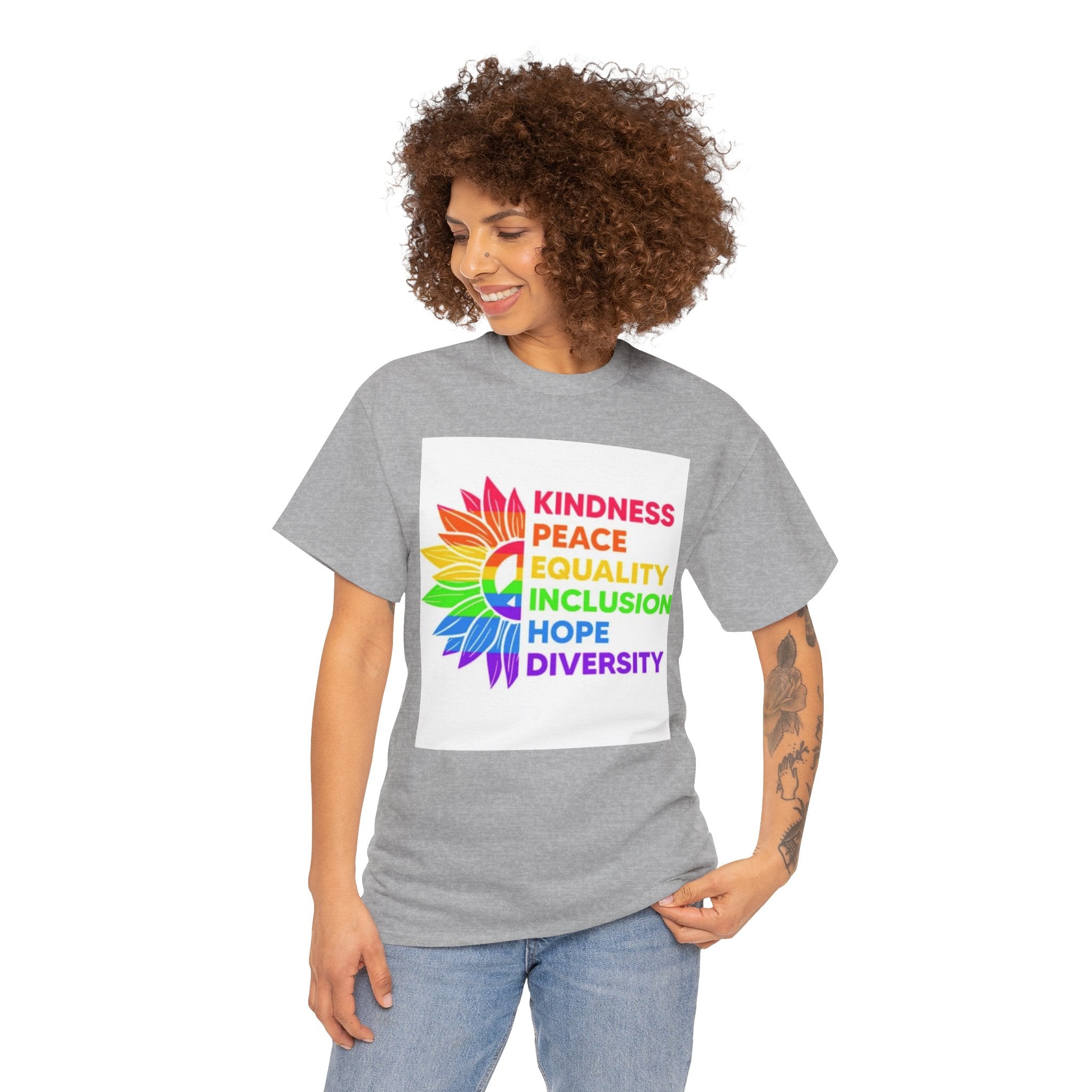 Rainbow Inclusivity Unisex Heavy Cotton Tee - Kindness, Peace, Equality, Hope & Diversity