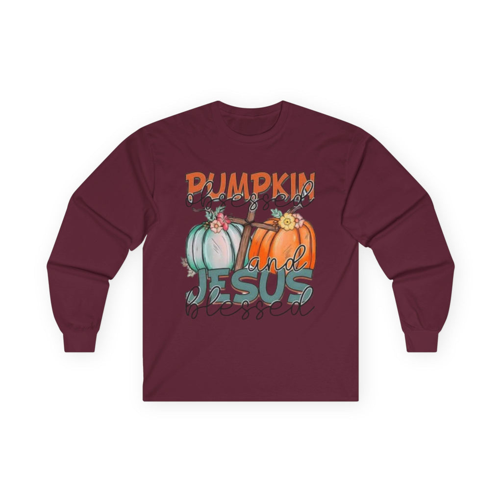 Pumpkin and Jesus Long Sleeve Tee, Fall Apparel, Unisex T-Shirt, Thanksgiving Shirt, Christian Clothing, Autumn Wear, Seasonal Fashion