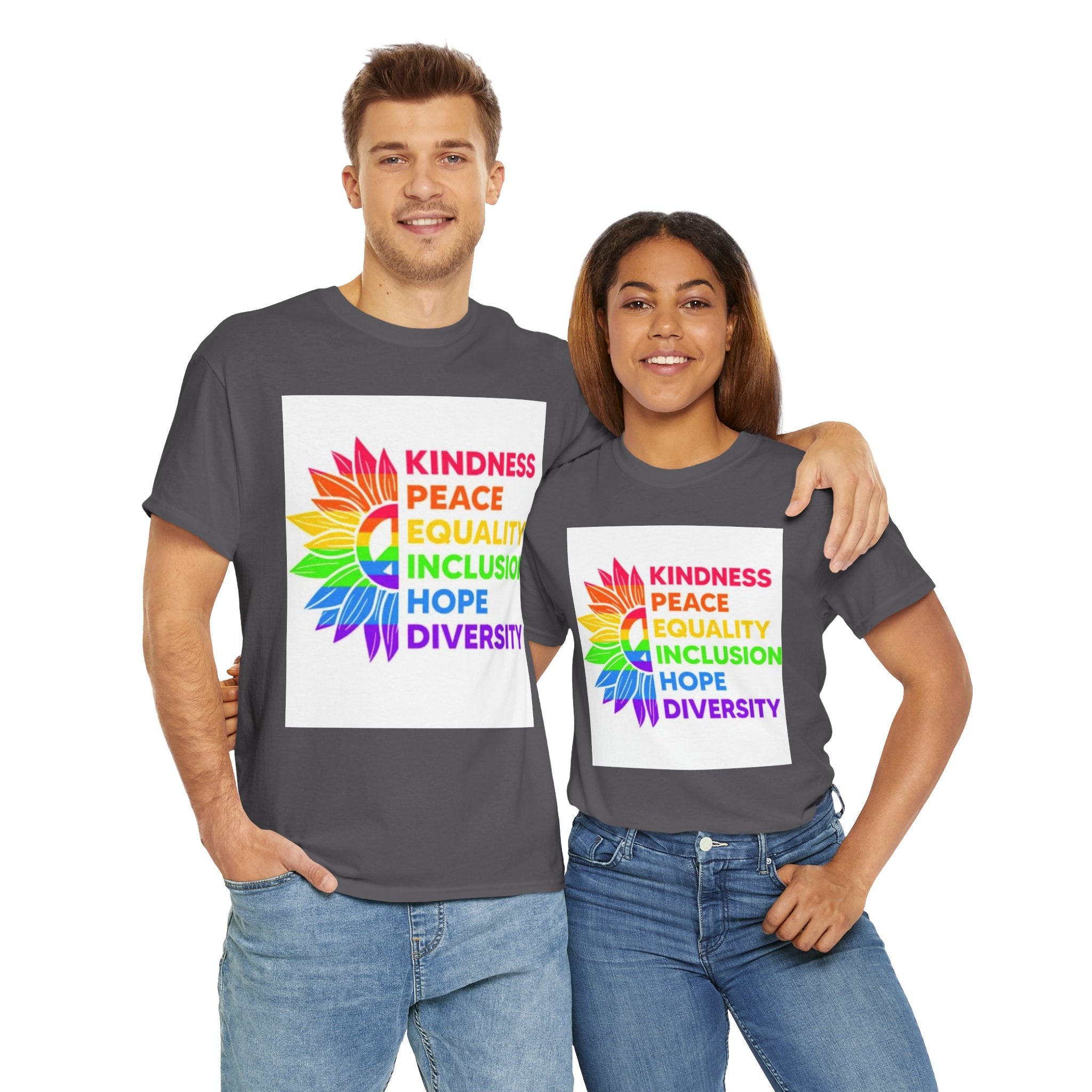 Rainbow Inclusivity Unisex Heavy Cotton Tee - Kindness, Peace, Equality, Hope & Diversity