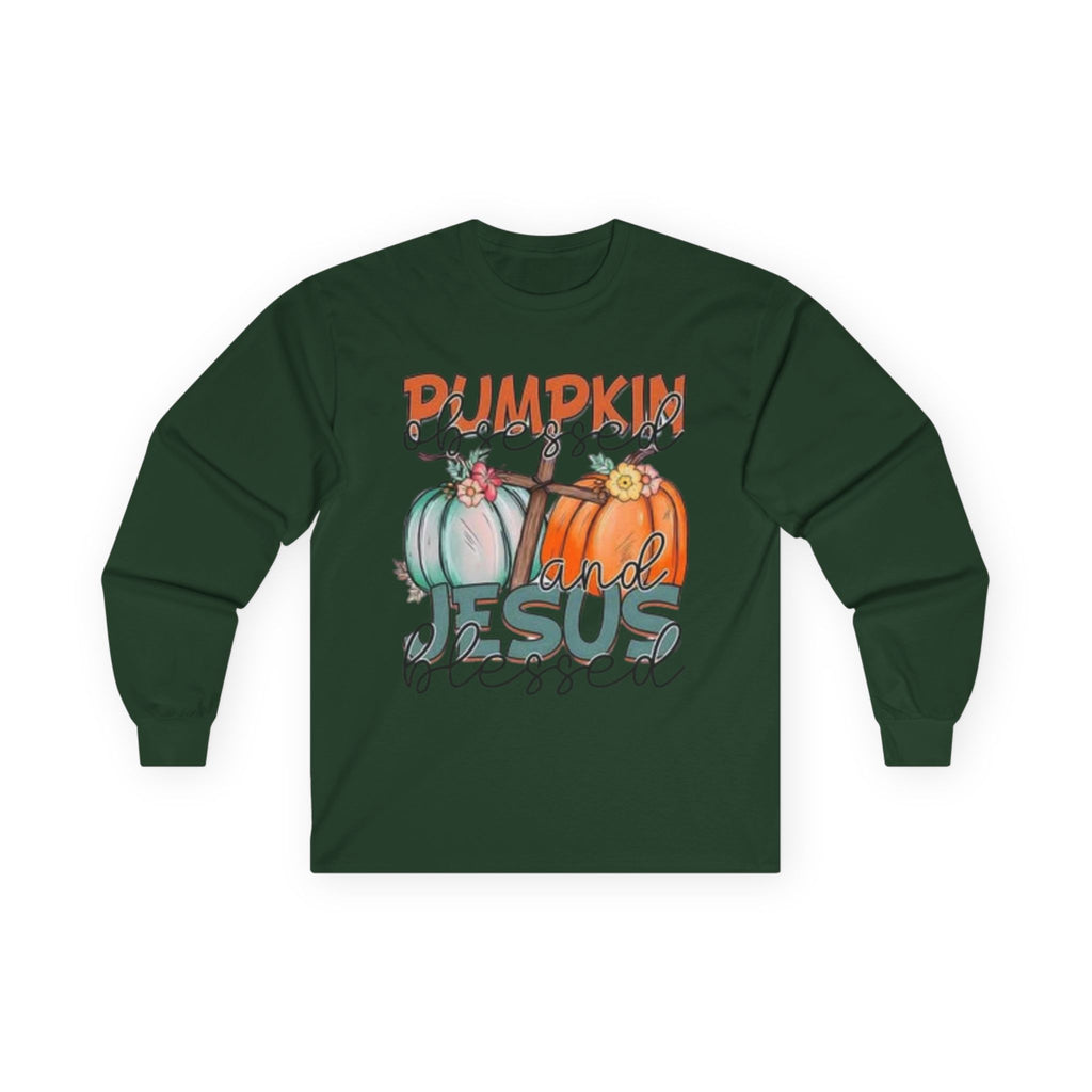 Pumpkin and Jesus Long Sleeve Tee, Fall Apparel, Unisex T-Shirt, Thanksgiving Shirt, Christian Clothing, Autumn Wear, Seasonal Fashion
