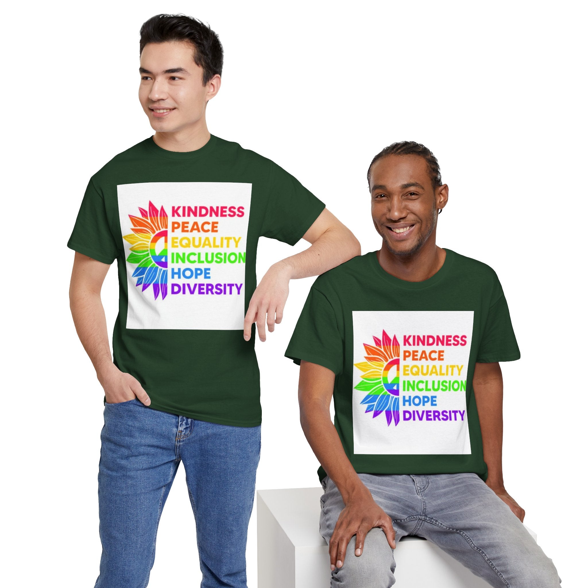 Rainbow Inclusivity Unisex Heavy Cotton Tee - Kindness, Peace, Equality, Hope & Diversity