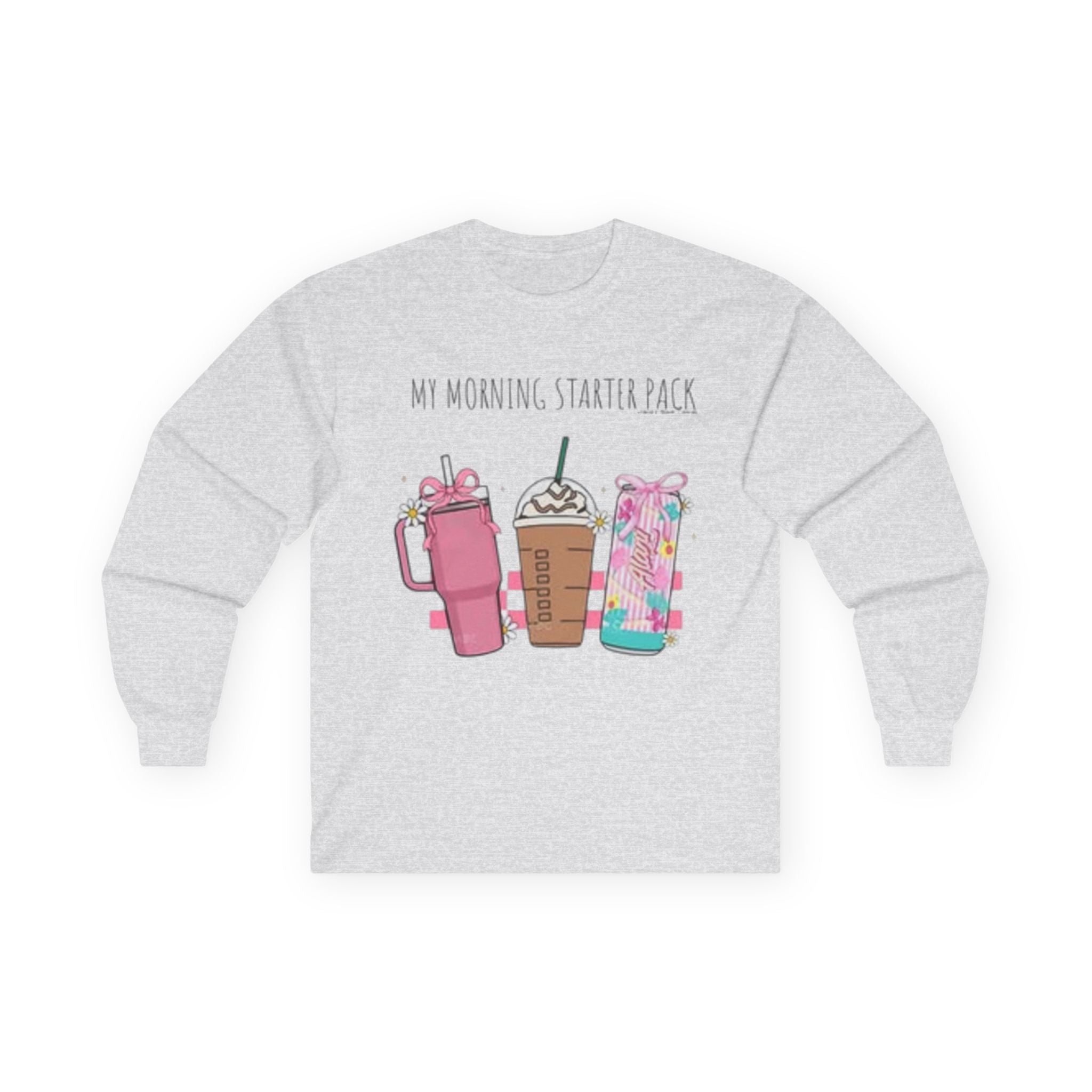My Morning Starter Pack Long Sleeve Tee | Cute Coffee Lover Apparel, Gift for Baristas, Cozy Casual Style, Holiday Gift Idea