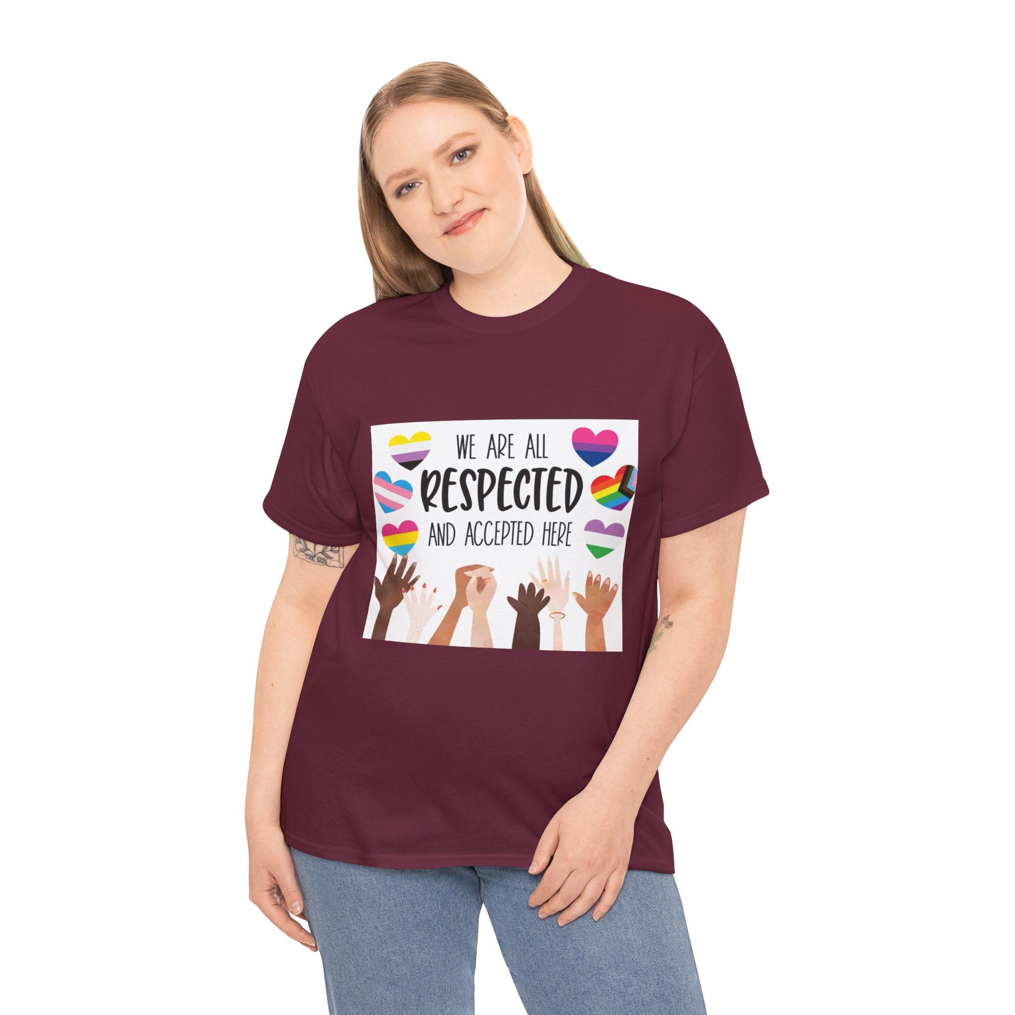 Inclusive Message Unisex Heavy Cotton Tee - "We Are All Respected and Accepted Here"  Inclusivity Unisex