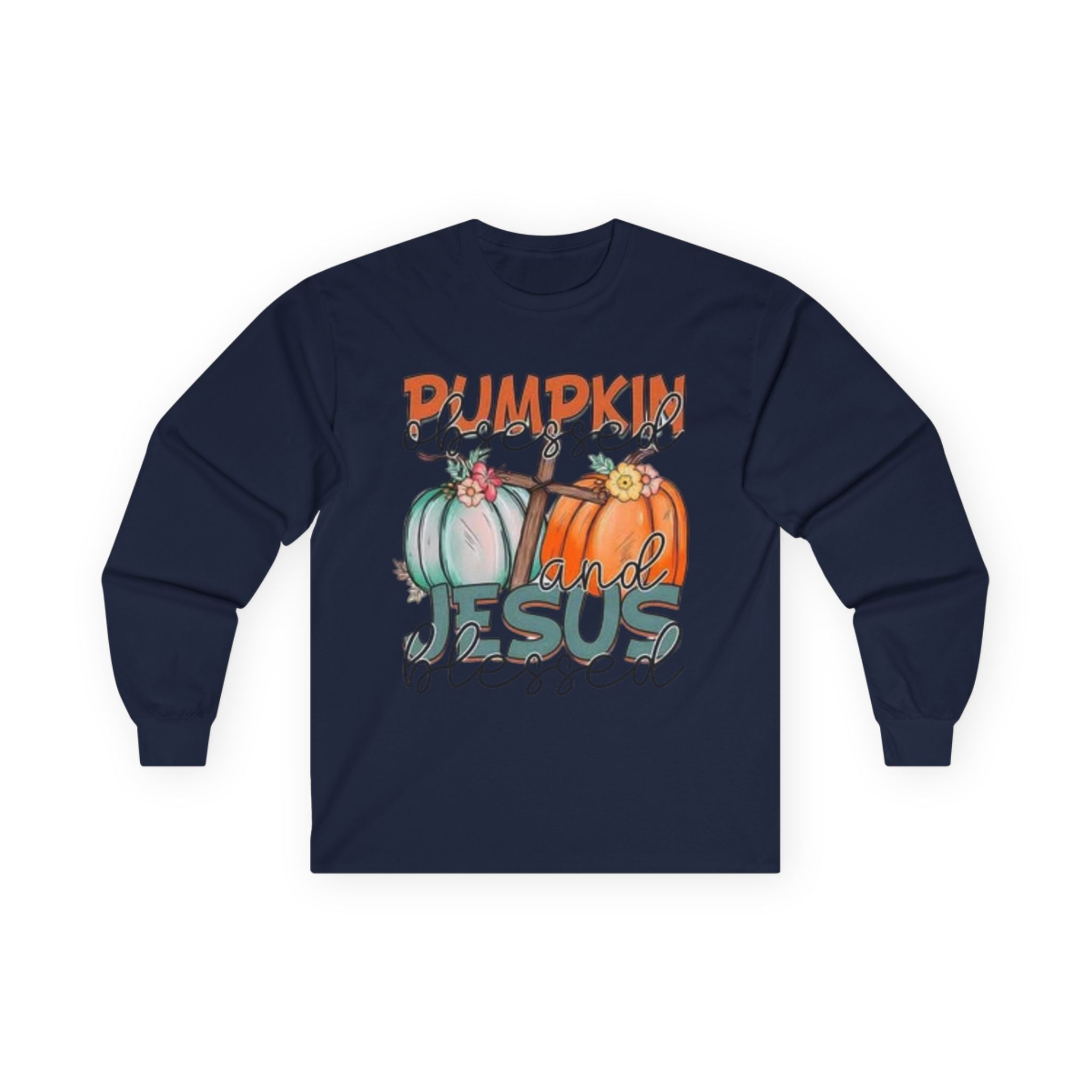 Pumpkin and Jesus Long Sleeve Tee, Fall Apparel, Unisex T-Shirt, Thanksgiving Shirt, Christian Clothing, Autumn Wear, Seasonal Fashion