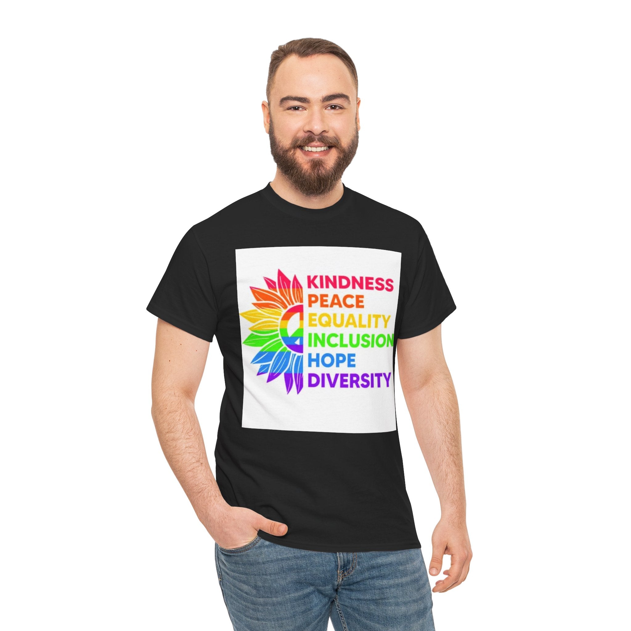 Rainbow Inclusivity Unisex Heavy Cotton Tee - Kindness, Peace, Equality, Hope & Diversity